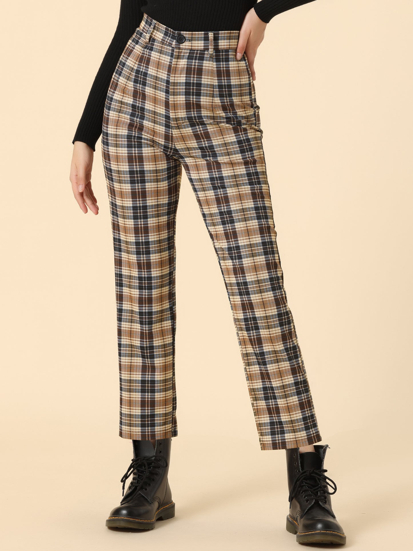 Women's Plaid Cropped Trousers Button Casual Tartan Check Work Pants