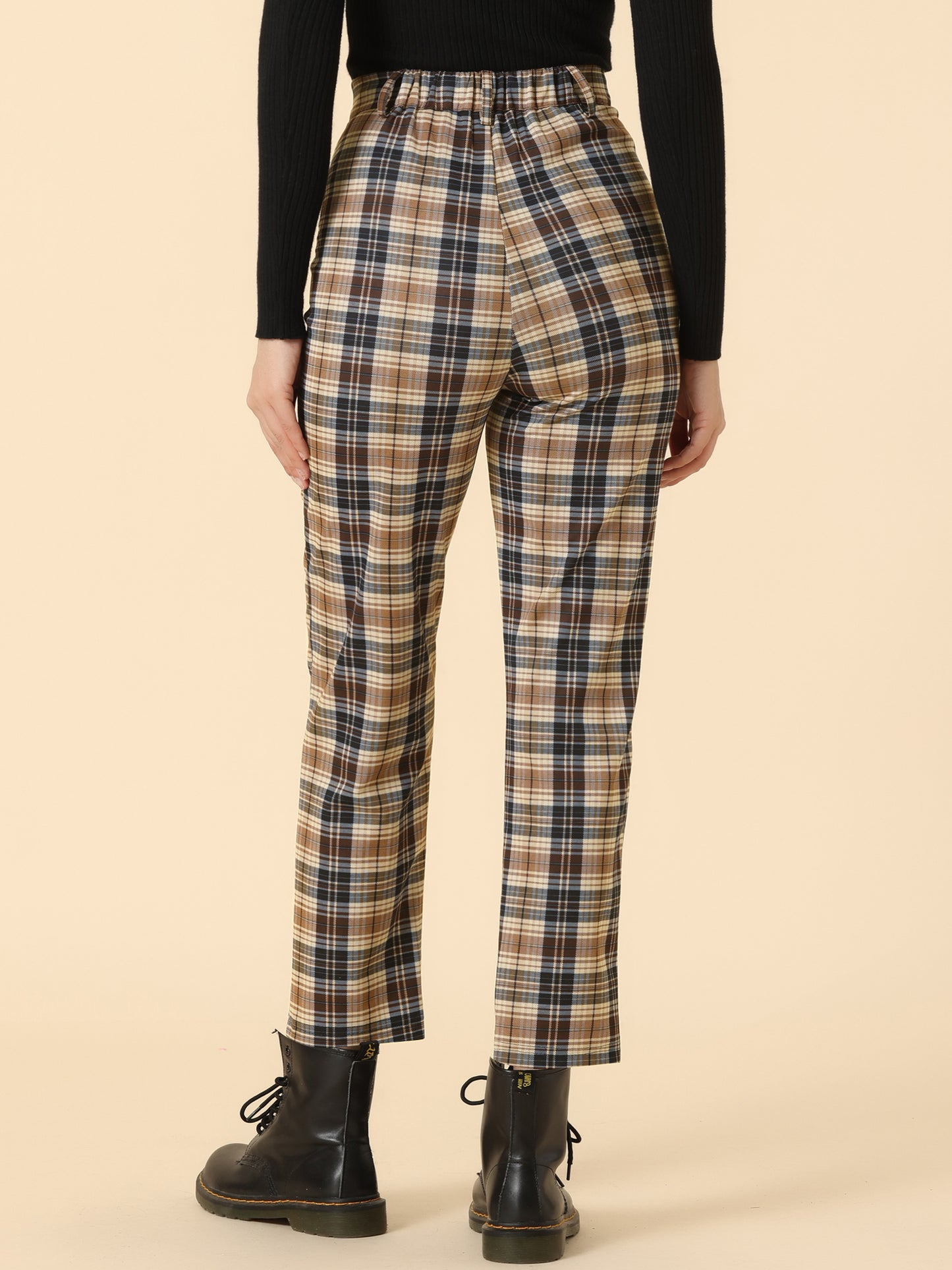 Women's Plaid Cropped Trousers Button Casual Tartan Check Work Pants