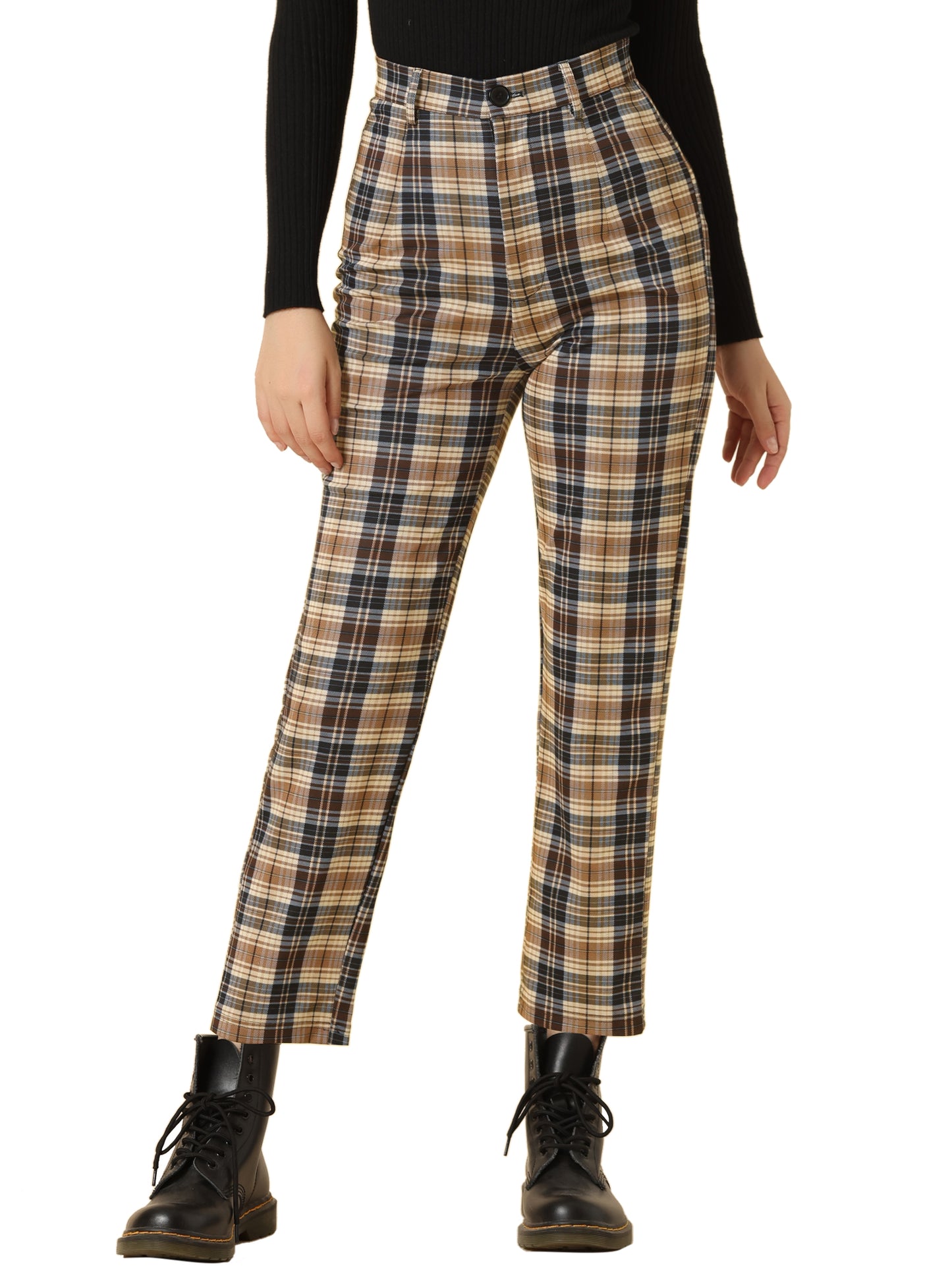 Women's Plaid Cropped Trousers Button Casual Tartan Check Work Pants