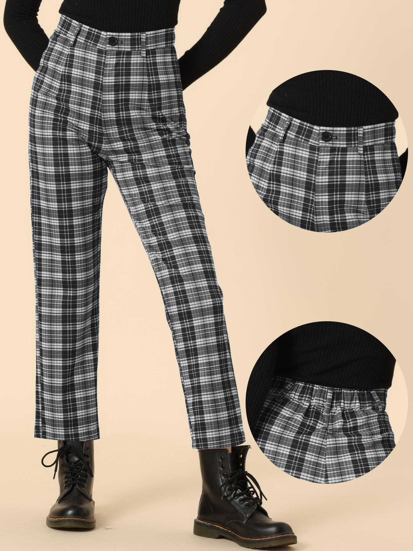 Women's Plaid Cropped Trousers Button Casual Tartan Check Work Pants