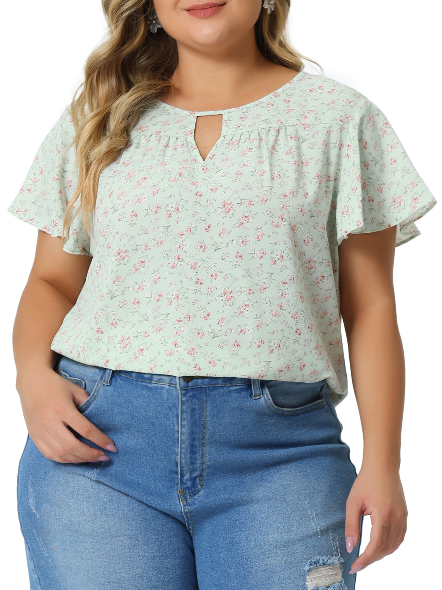 Women's Plus Size Blouses Summer Ruffle Short Sleeve Shirts Keyhole Chiffon Top