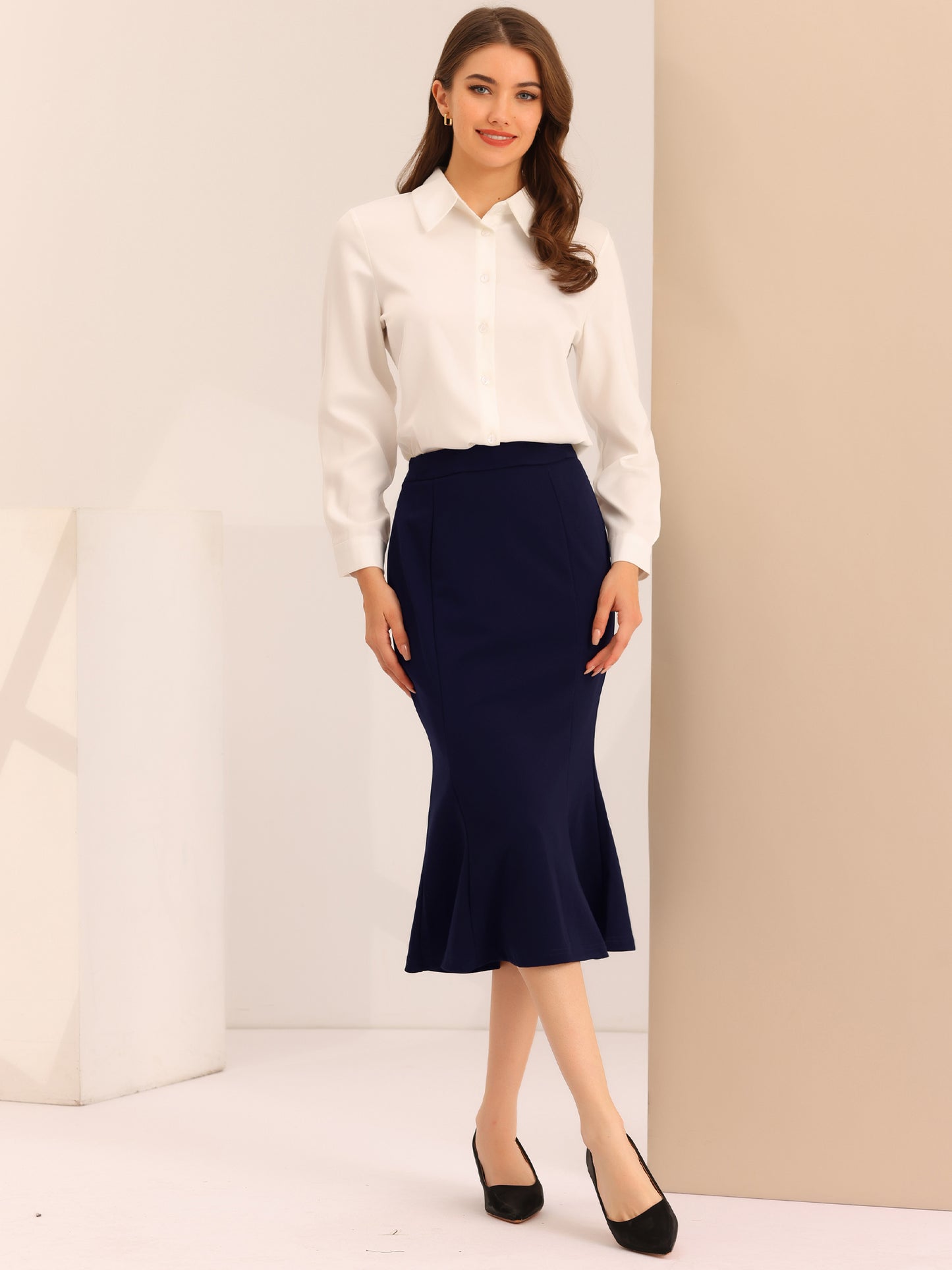 Women's Bodycon Skirt High Waist Ruffle Hem Fishtail Mermaid Midi Skirt