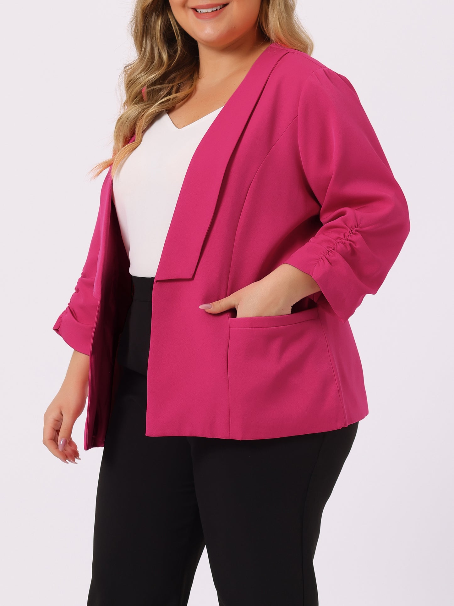 Women's Plus Size Shawl Collar Open Front 3/4 Ruched Sleeve Work Office Lightweight Blazer