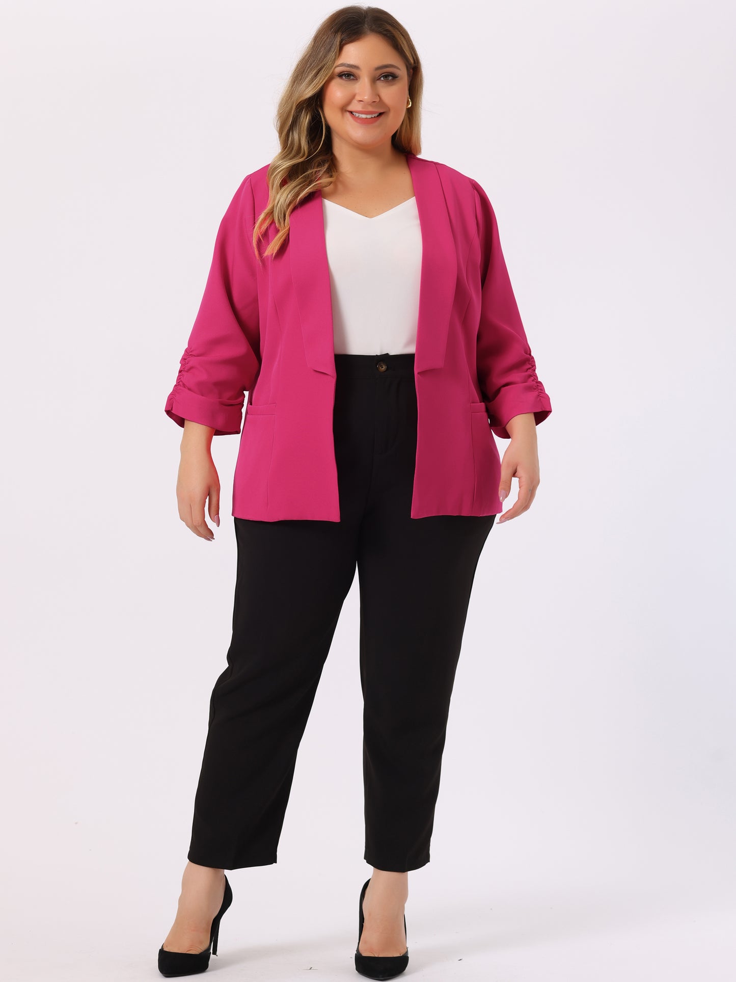 Women's Plus Size Shawl Collar Open Front 3/4 Ruched Sleeve Work Office Lightweight Blazer