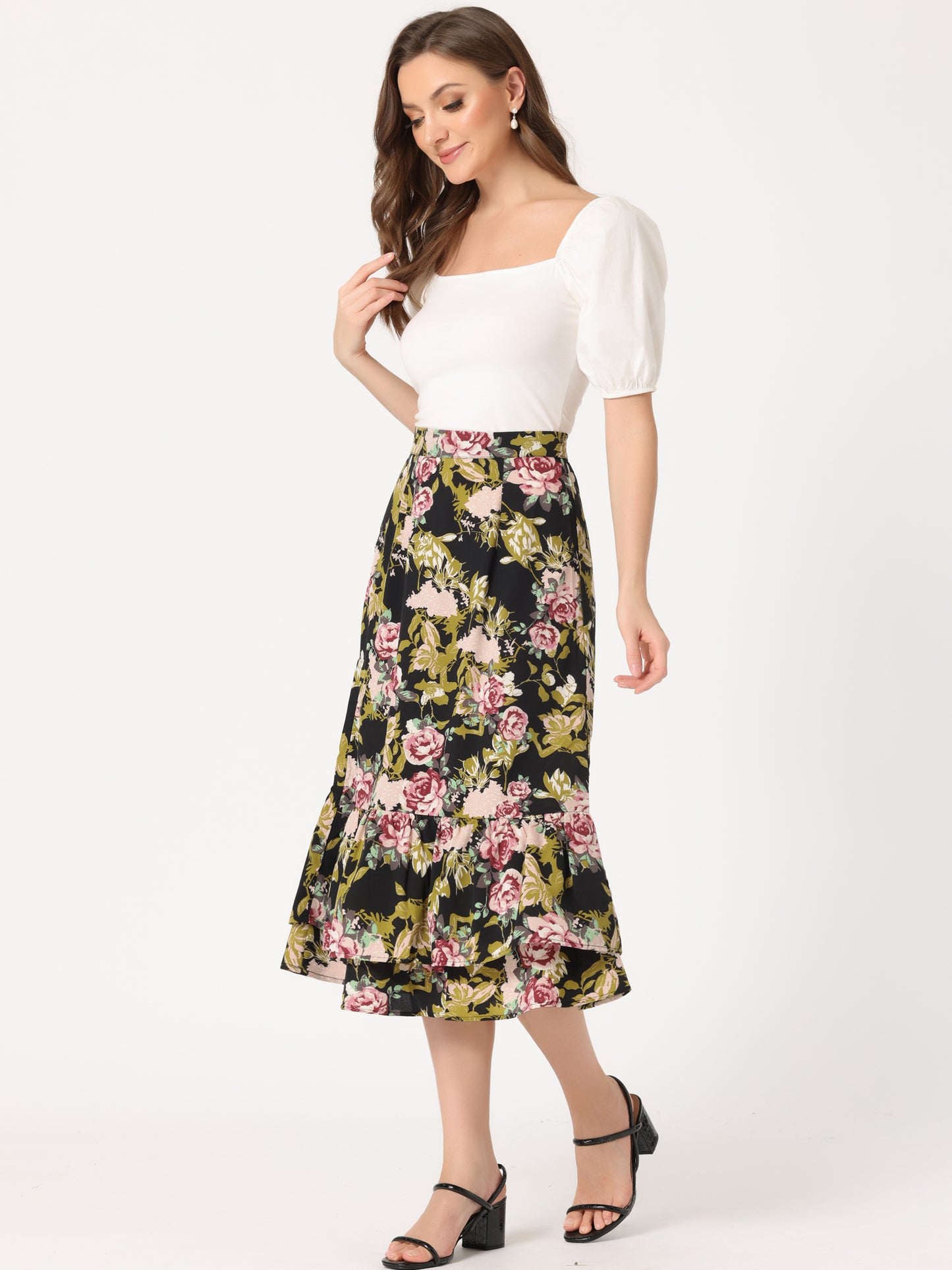 Women's Printed Skirt Summer Chiffon Ruffle Tiered Flowy Midi Skirt