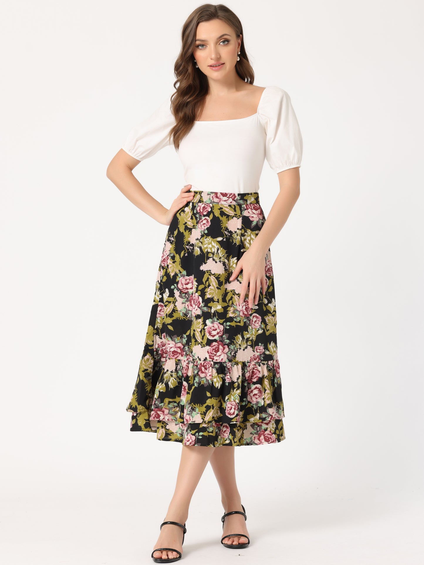 Women's Printed Skirt Summer Chiffon Ruffle Tiered Flowy Midi Skirt