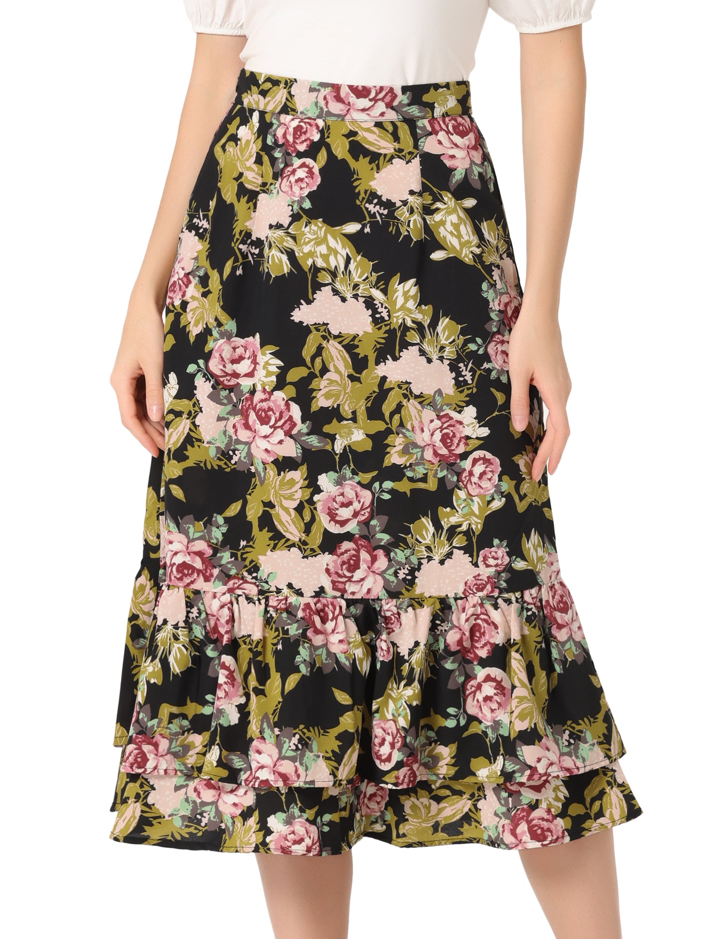 Women's Printed Skirt Summer Chiffon Ruffle Tiered Flowy Midi Skirt