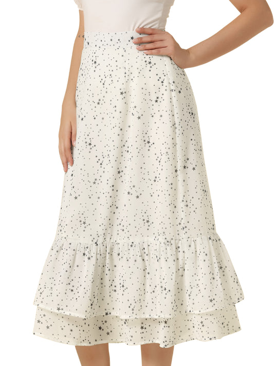 Women's Printed Skirt Summer Chiffon Ruffle Tiered Flowy Midi Skirt
