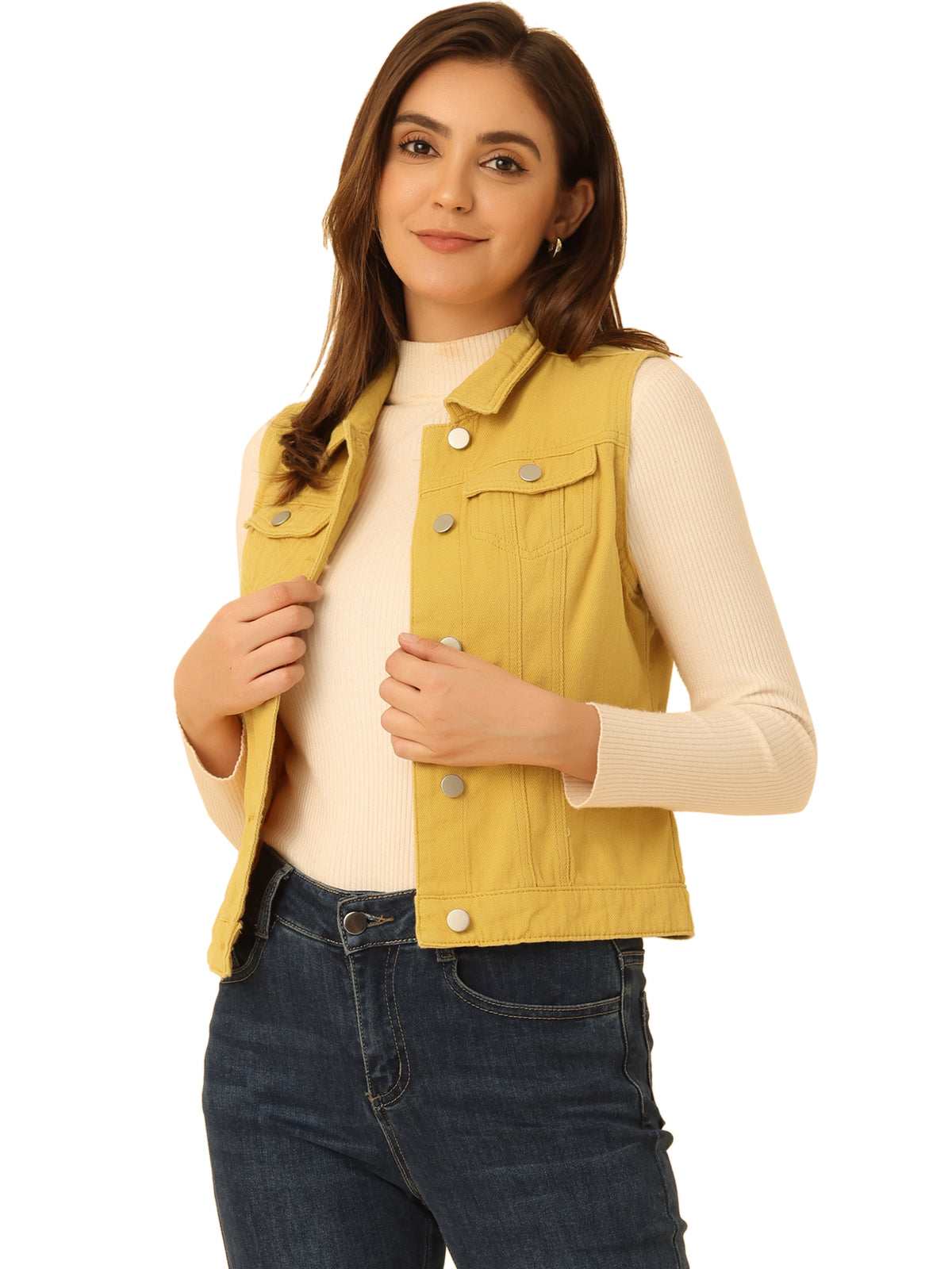 Women's Buttoned Washed Denim Vest Jacket W Chest Flap Pockets