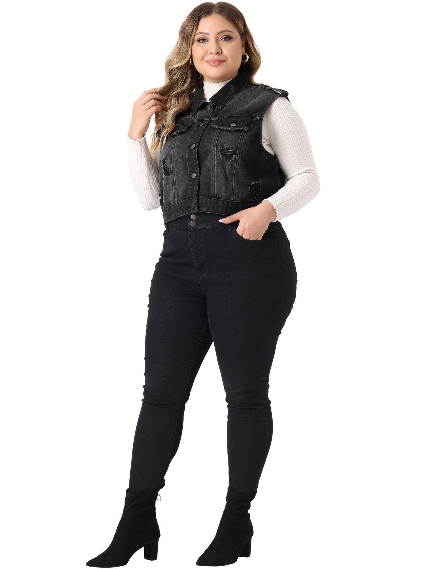 Women Plus Size Denim Vest Sleeveless Button Jean Crop Denim Jacket Vest