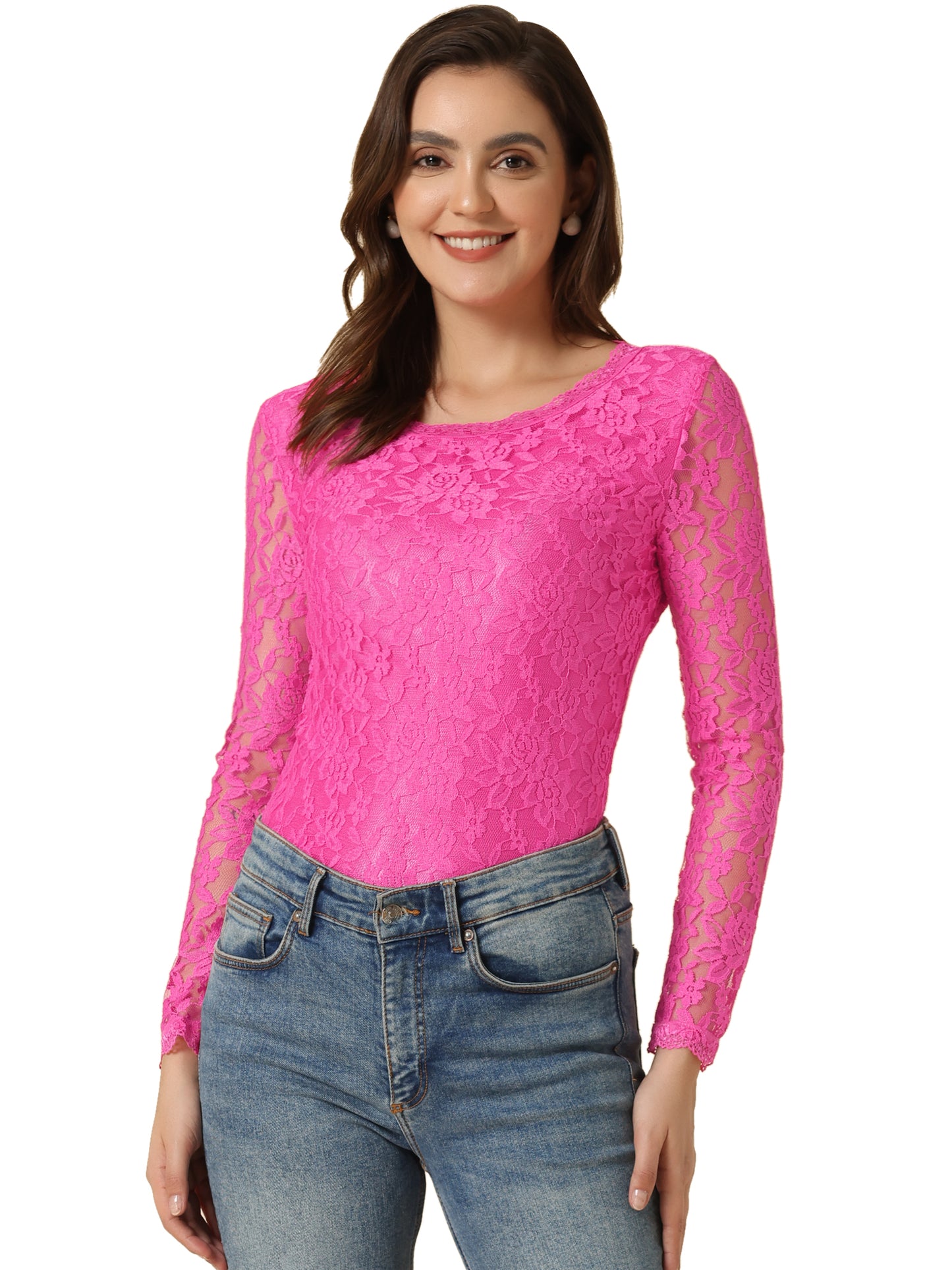 Women's Lace Sheer Dressy Casual Floral Lace Long Sleeve Top