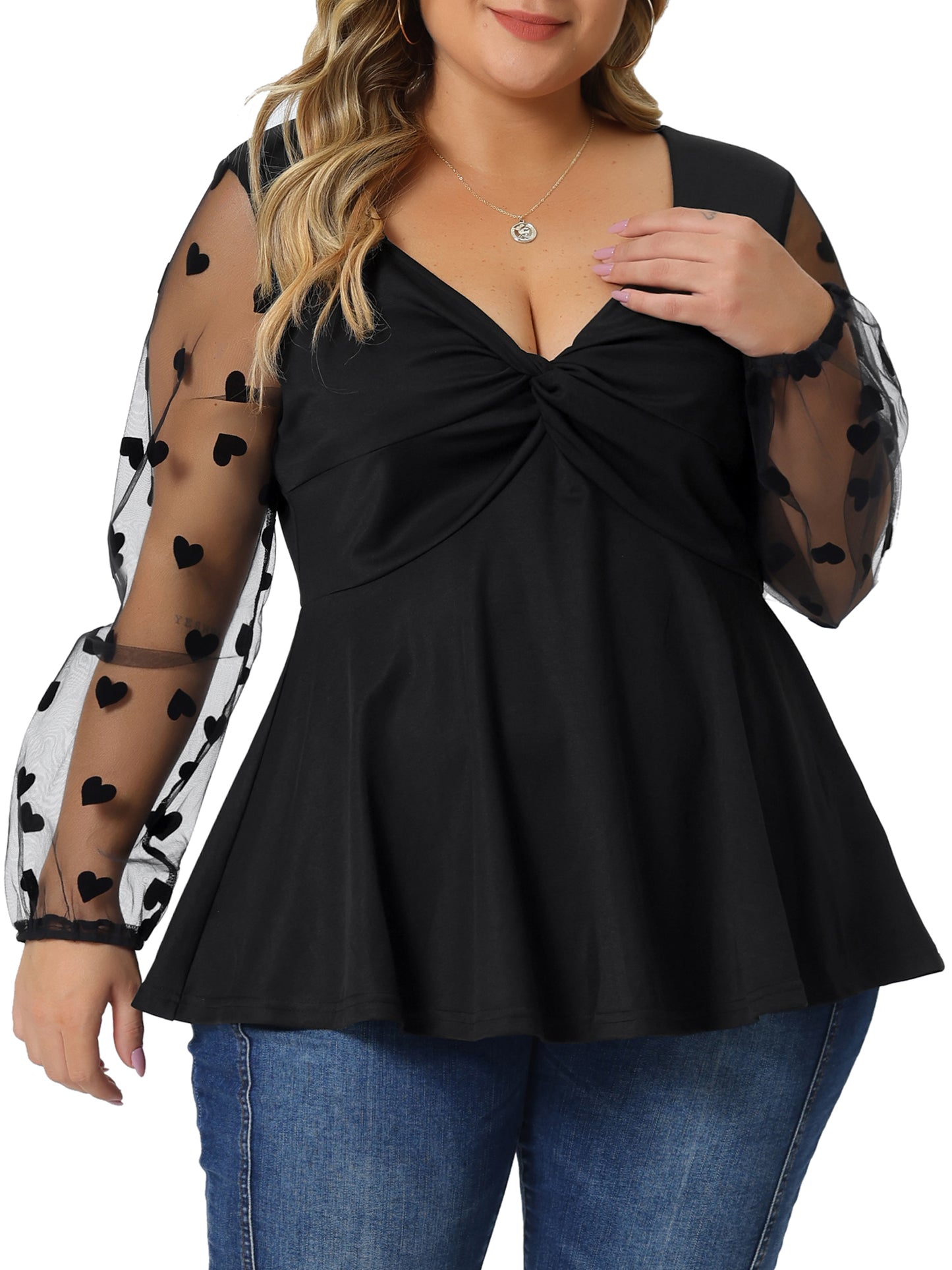 Women Plus Size Top Long Sleeve V Neck Mesh Sheer Peplum Top Babydoll Blouse