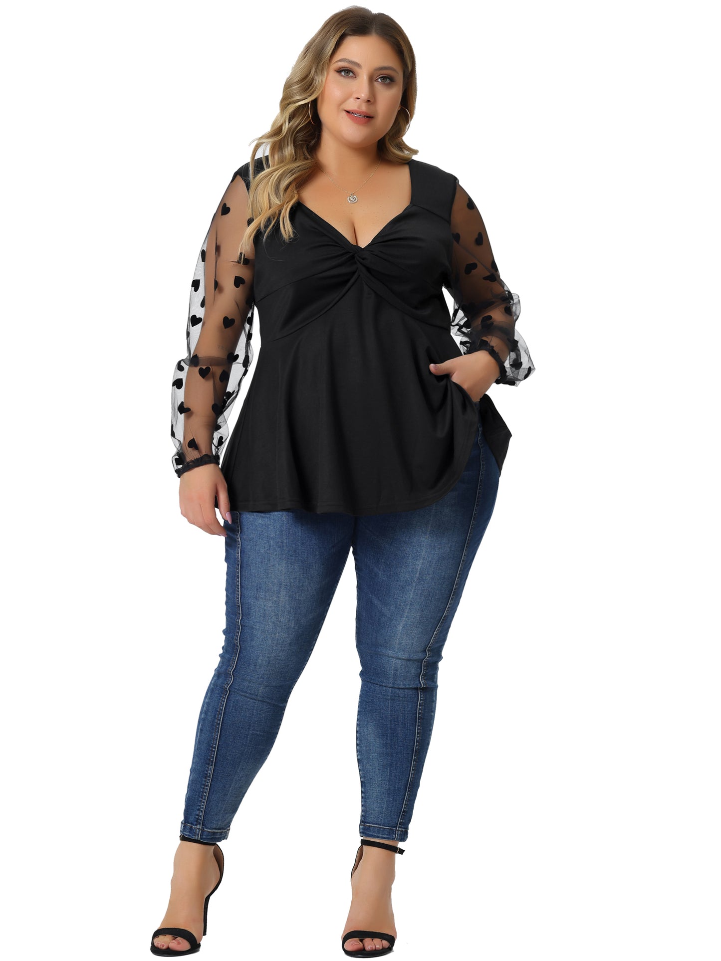 Women Plus Size Top Long Sleeve V Neck Mesh Sheer Peplum Top Babydoll Blouse