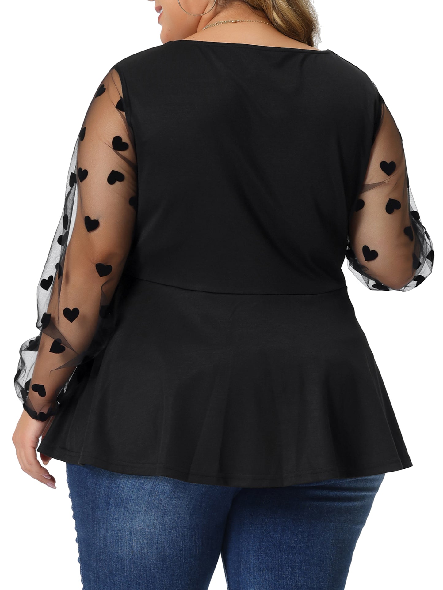 Women Plus Size Top Long Sleeve V Neck Mesh Sheer Peplum Top Babydoll Blouse