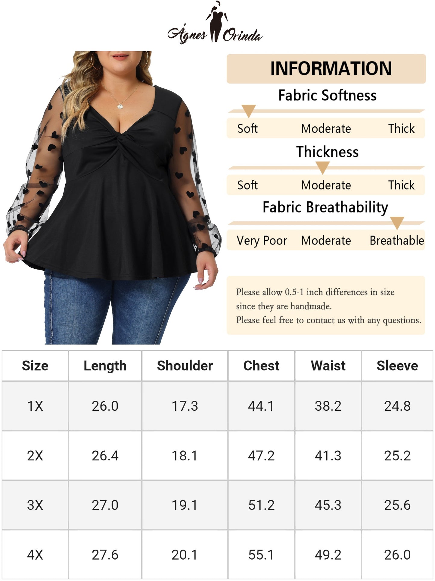 Women Plus Size Top Long Sleeve V Neck Mesh Sheer Peplum Top Babydoll Blouse