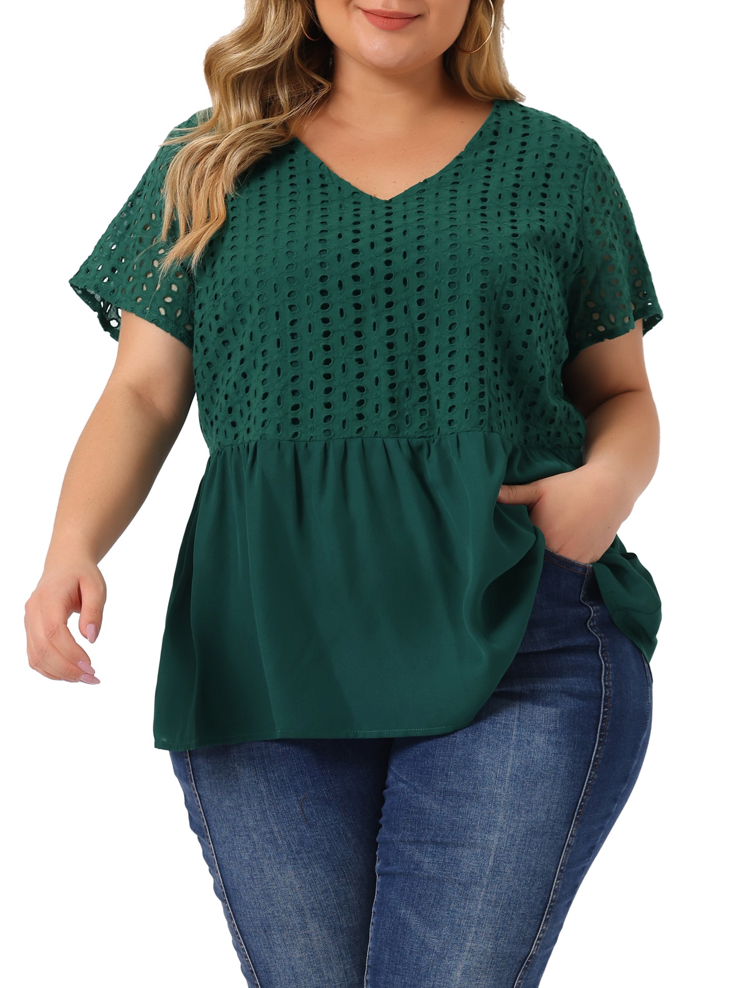 Women Plus Size Peplum BlouseSummer Short Sleeves V Neck Babydoll Top