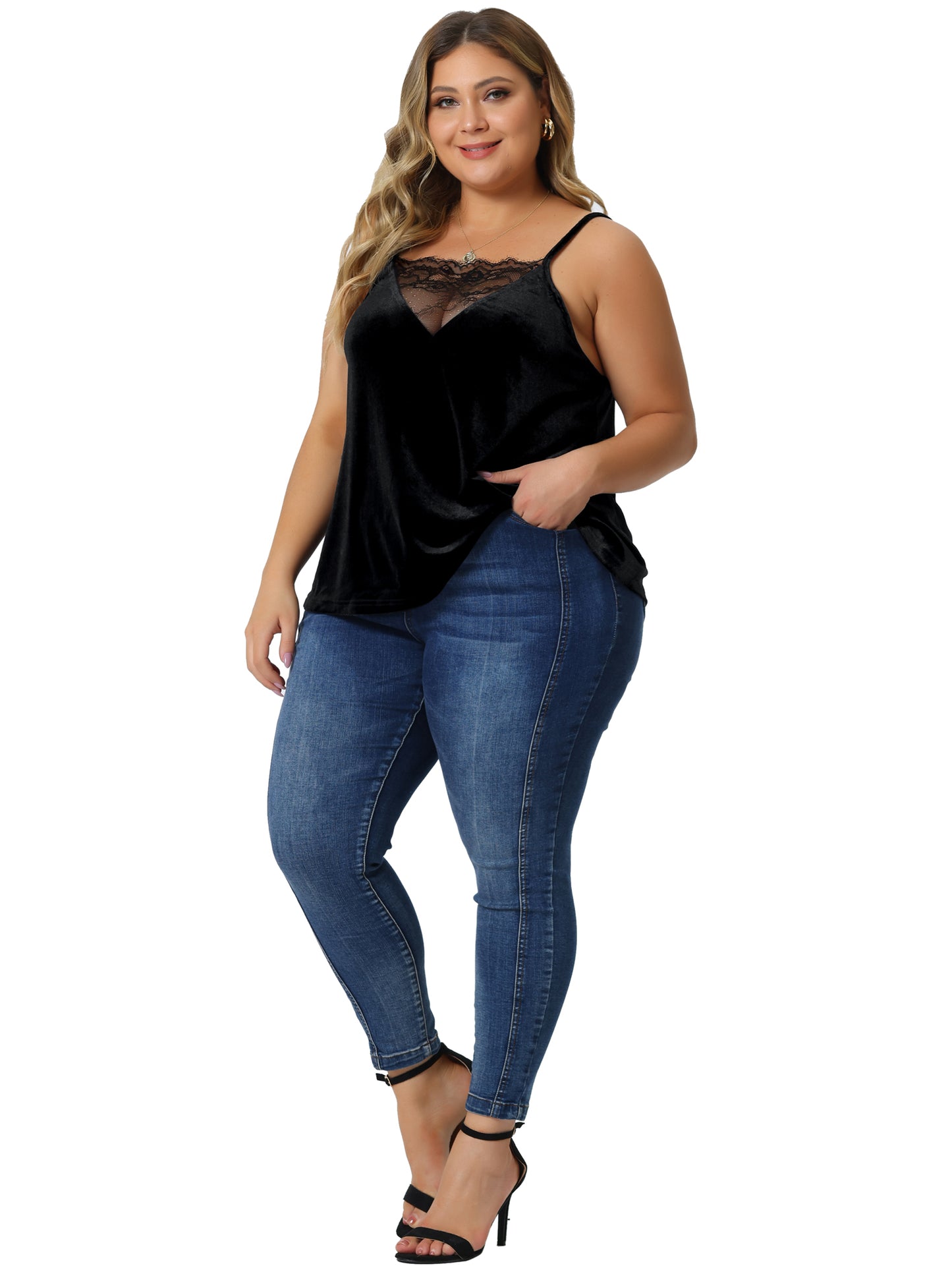 Camisola de terciopelo sexy de talla grande para mujer, camisola de encaje con escote en V profundo sin mangas, camiseta holgada sin mangas