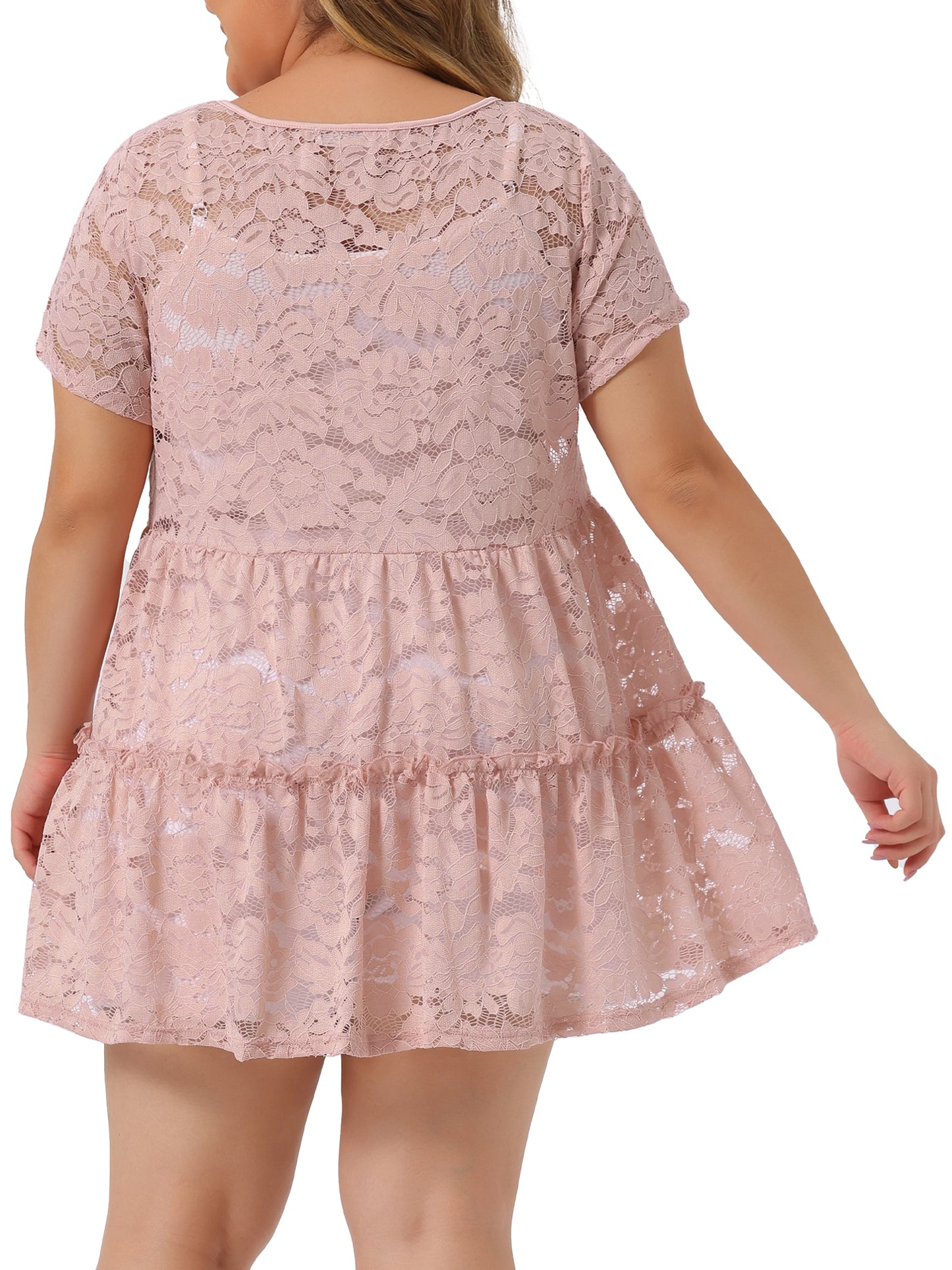 Women Plus Size Babydolls Blouse Lace Allover Short Sleeve Tiered Peplum Top