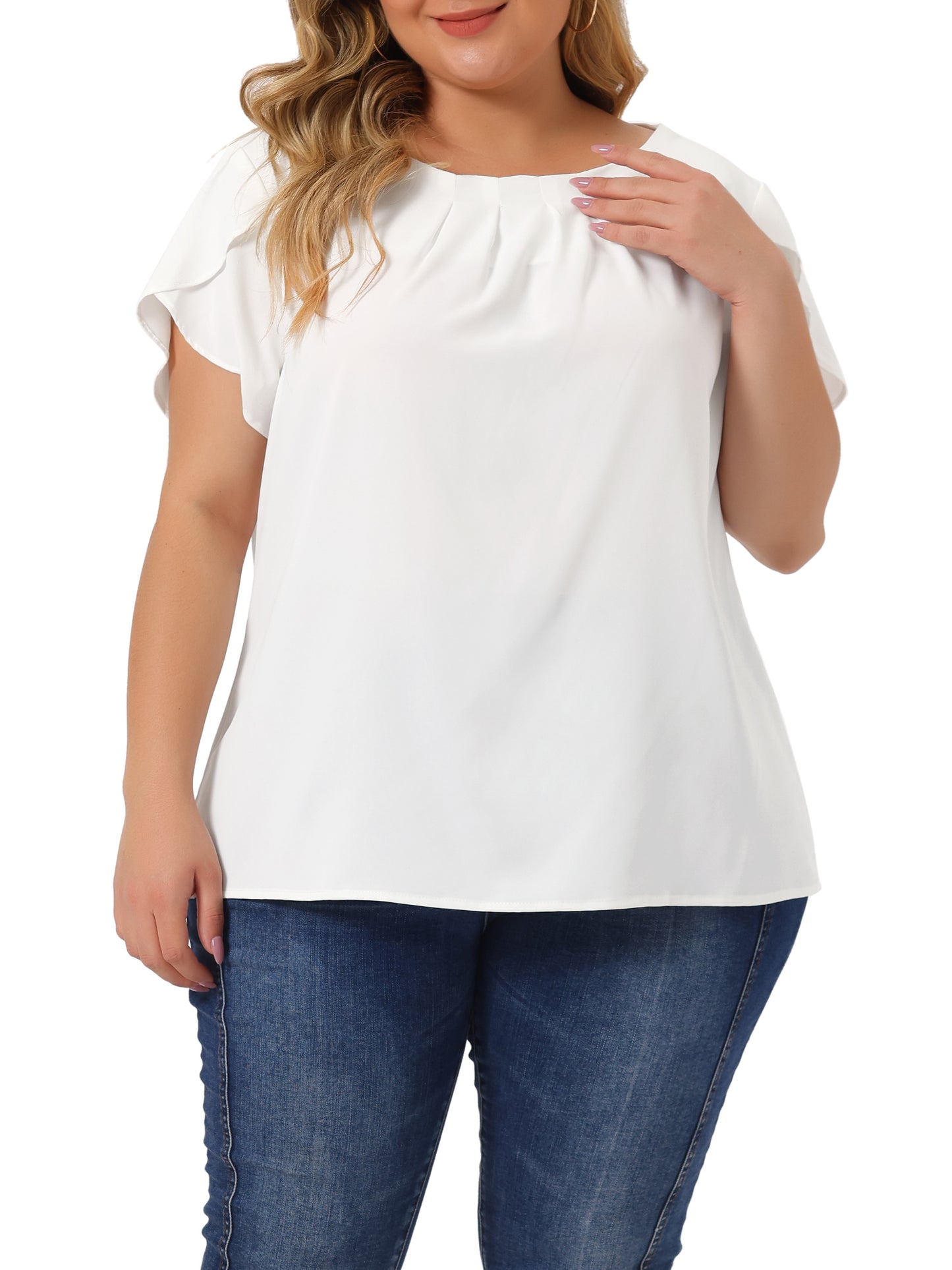 Women Plus Size Work Top Round Neck Pleated Tulip Sleeves Blouse Summer Top