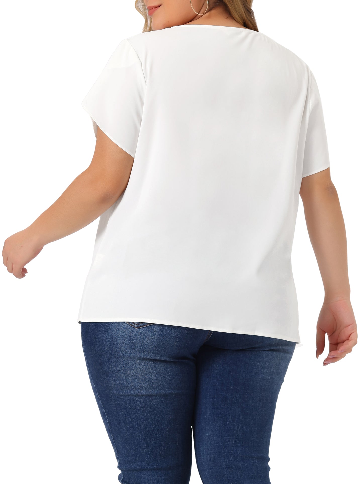 Women Plus Size Work Top Round Neck Pleated Tulip Sleeves Blouse Summer Top