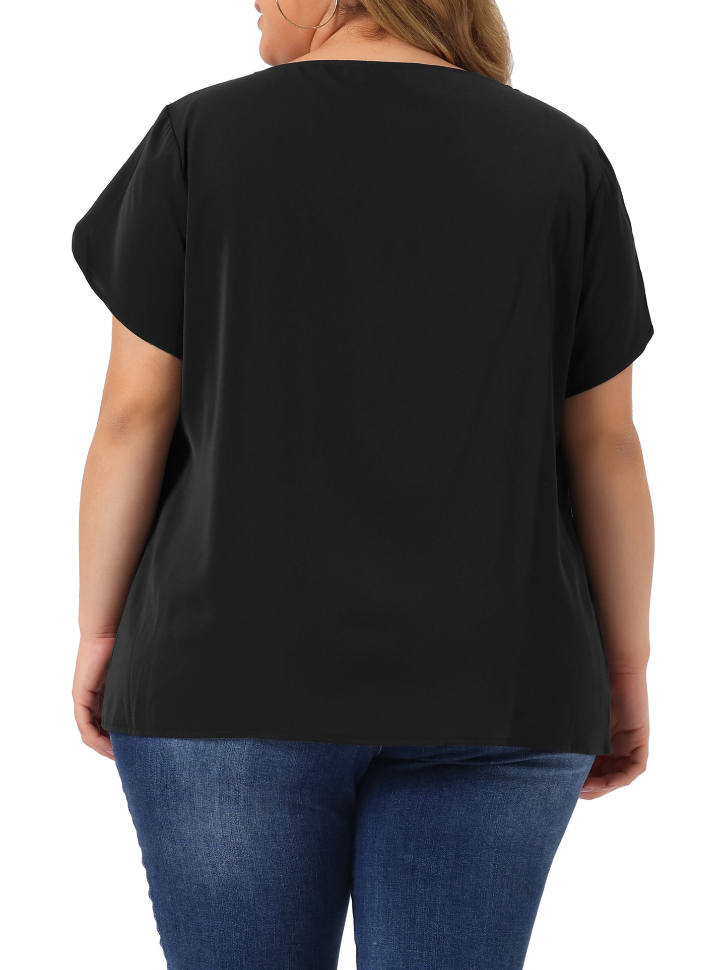 Women Plus Size Work Top Round Neck Pleated Tulip Sleeves Blouse Summer Top