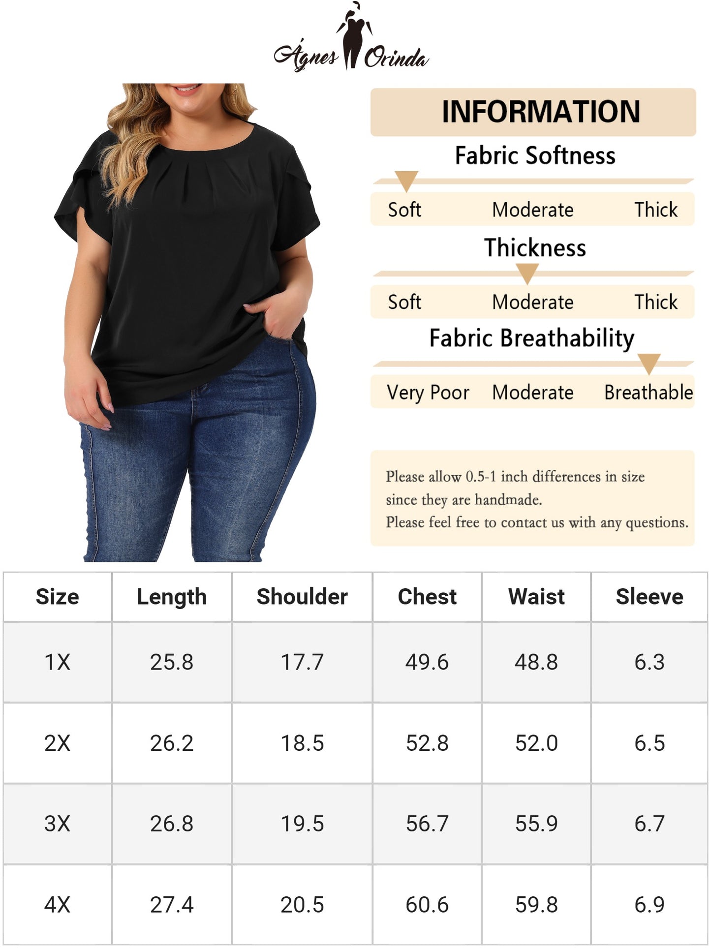 Women Plus Size Work Top Round Neck Pleated Tulip Sleeves Blouse Summer Top