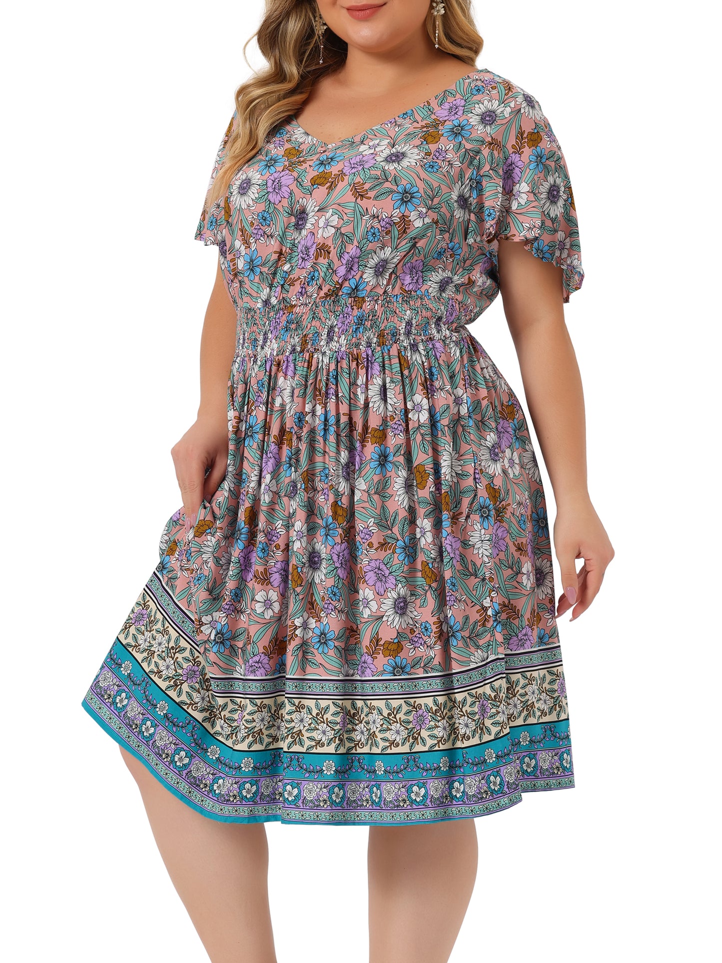 Women Plus Size Placed Pattern Bohemian Smock Waist V Neck Summer Midi Dress