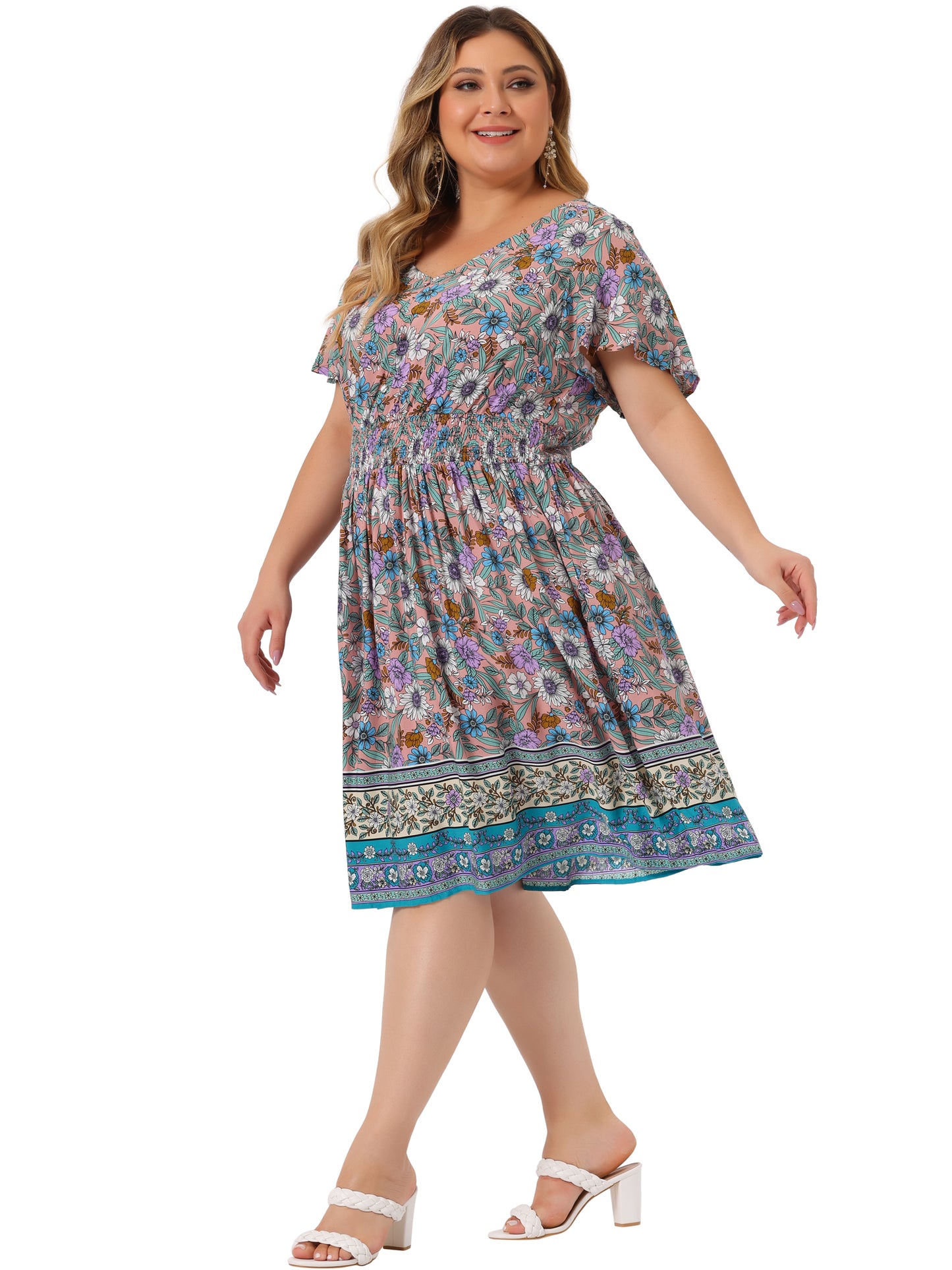 Women Plus Size Placed Pattern Bohemian Smock Waist V Neck Summer Midi Dress