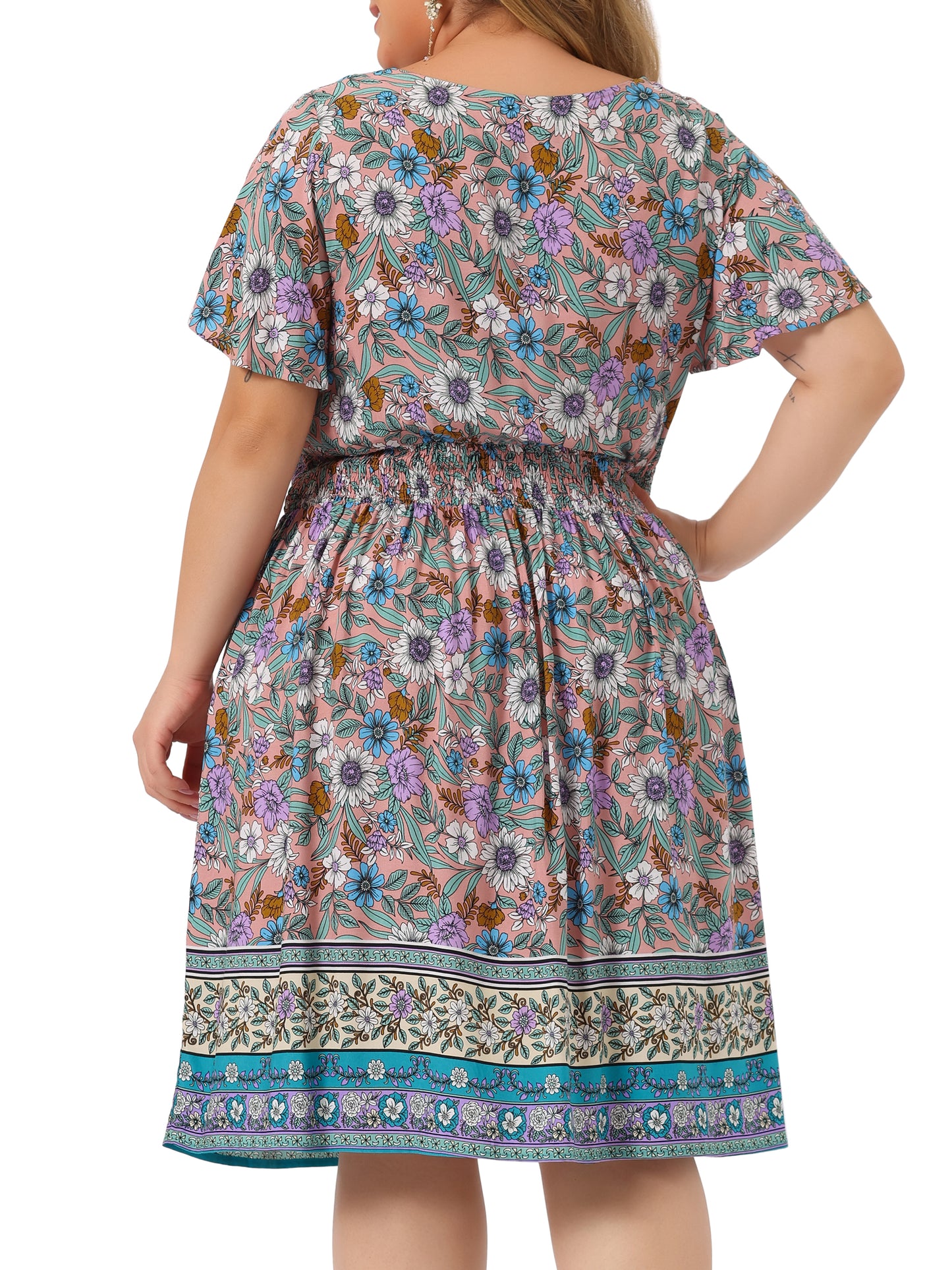 Women Plus Size Placed Pattern Bohemian Smock Waist V Neck Summer Midi Dress
