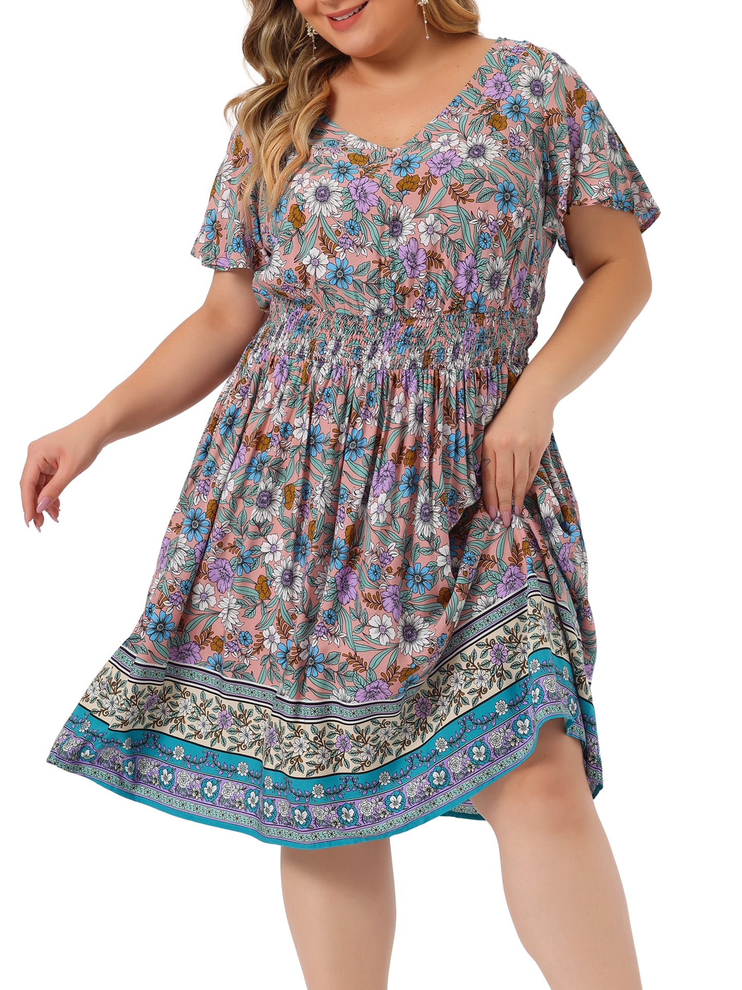 Women Plus Size Placed Pattern Bohemian Smock Waist V Neck Summer Midi Dress