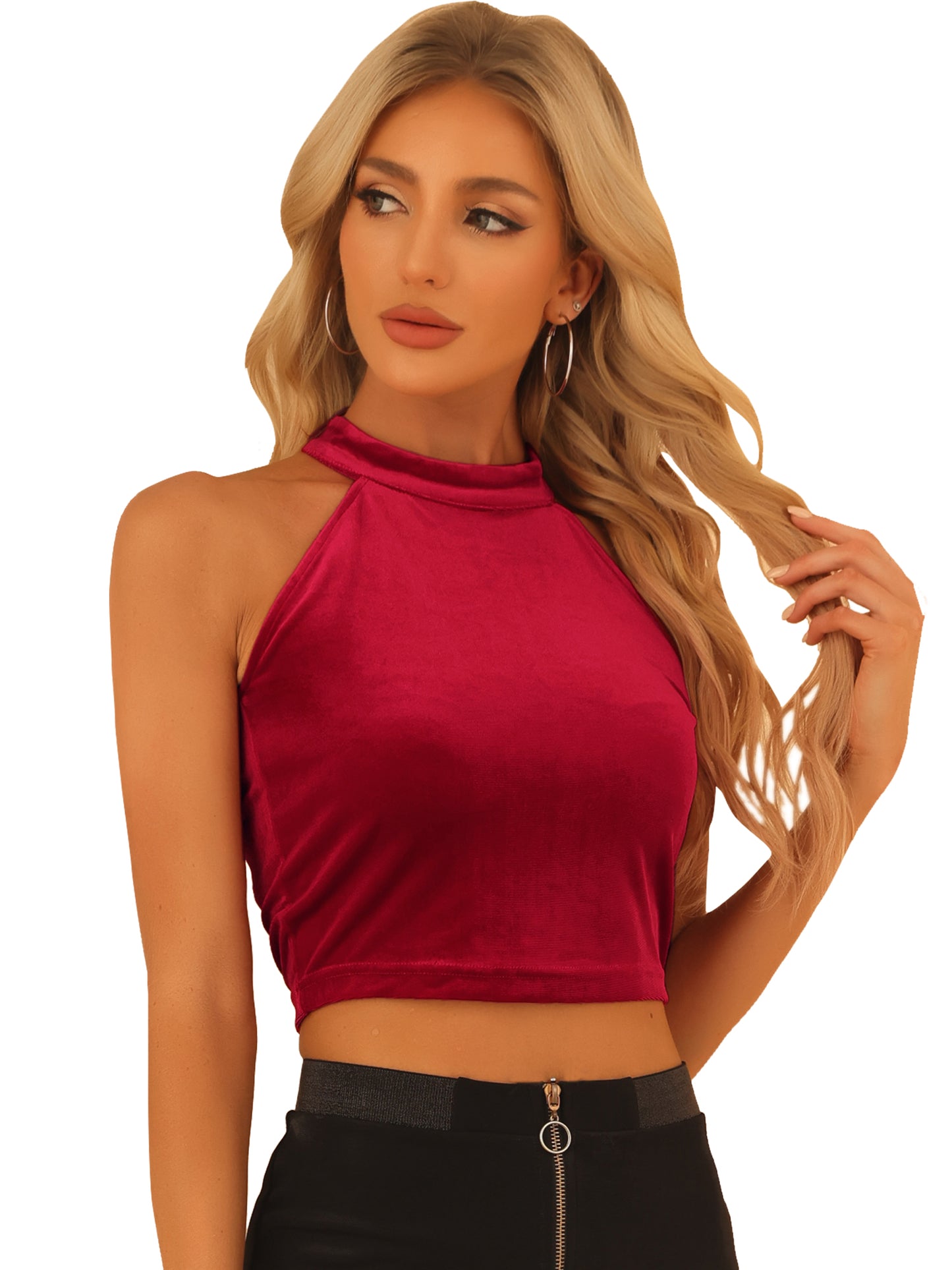 Women's Halter Neck Velvet Velour Party Crop Top