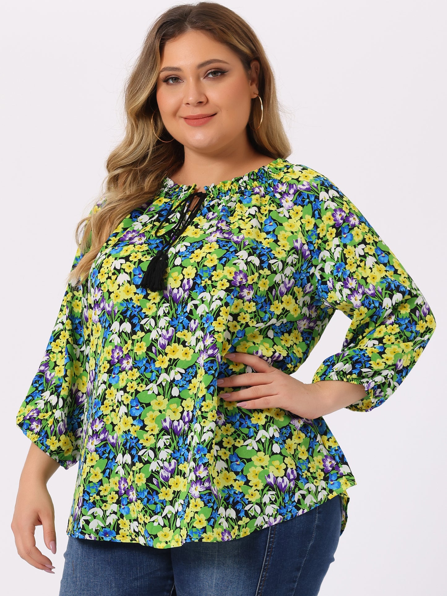 Women's Casual Plus Size Boho Floral Loose Tops Tie 3/4 Sleeve Beach Tunic Blouse