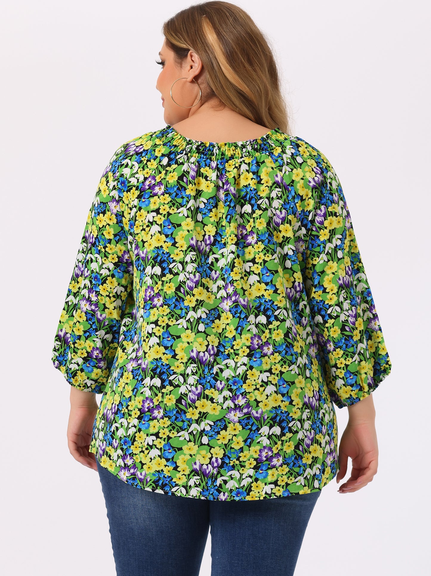 Women's Casual Plus Size Boho Floral Loose Tops Tie 3/4 Sleeve Beach Tunic Blouse