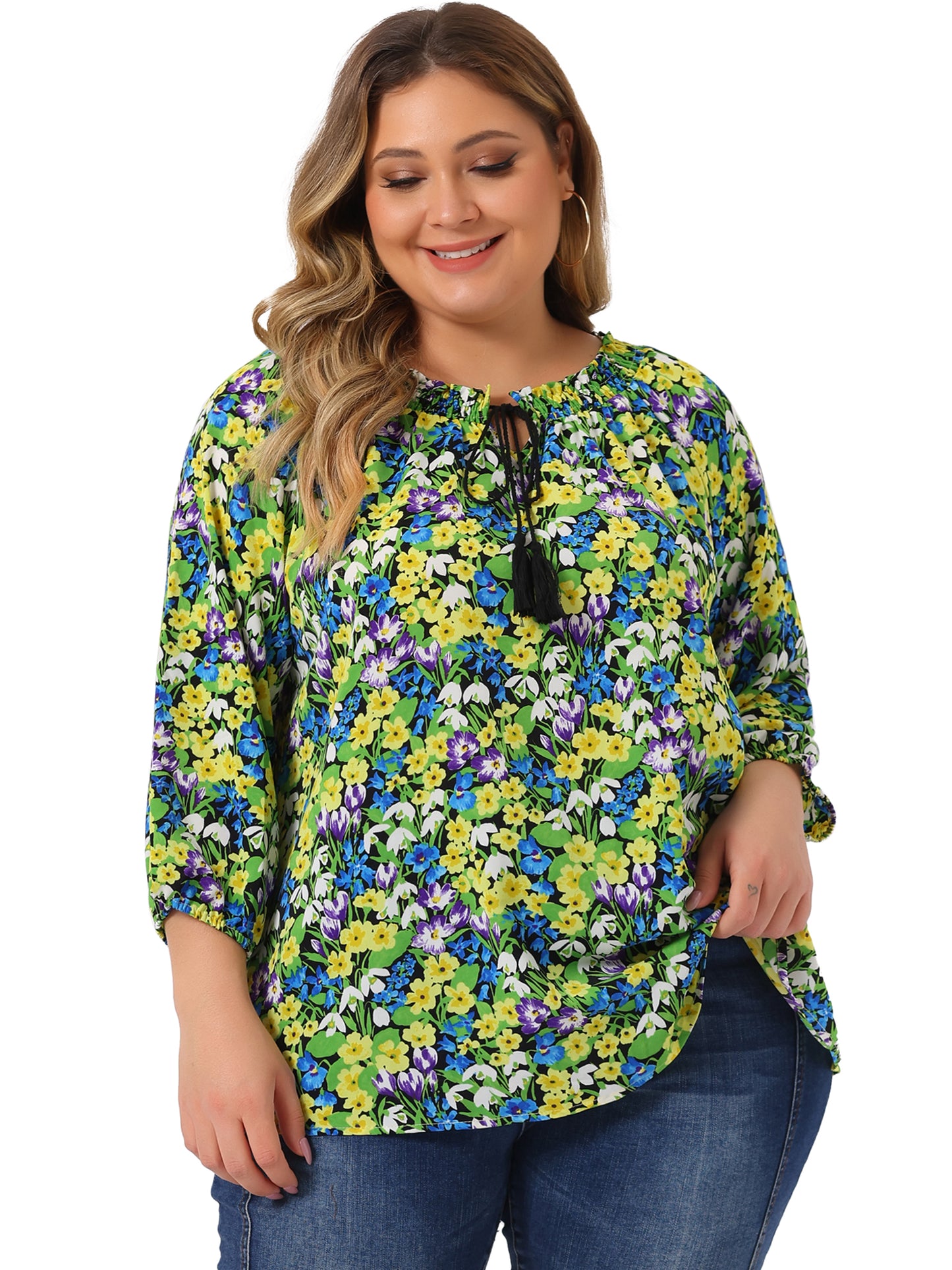 Women's Casual Plus Size Boho Floral Loose Tops Tie 3/4 Sleeve Beach Tunic Blouse