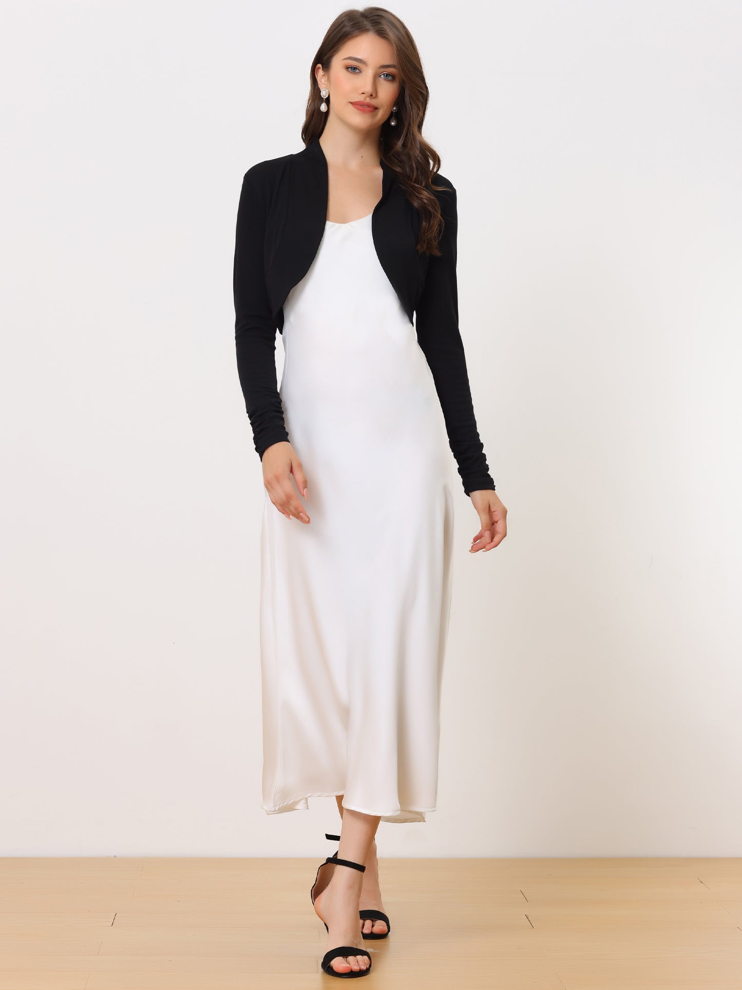 Women's Elegant Bolero Shrug Ruched Long Sleeve Open Front Cropped Cardigan
