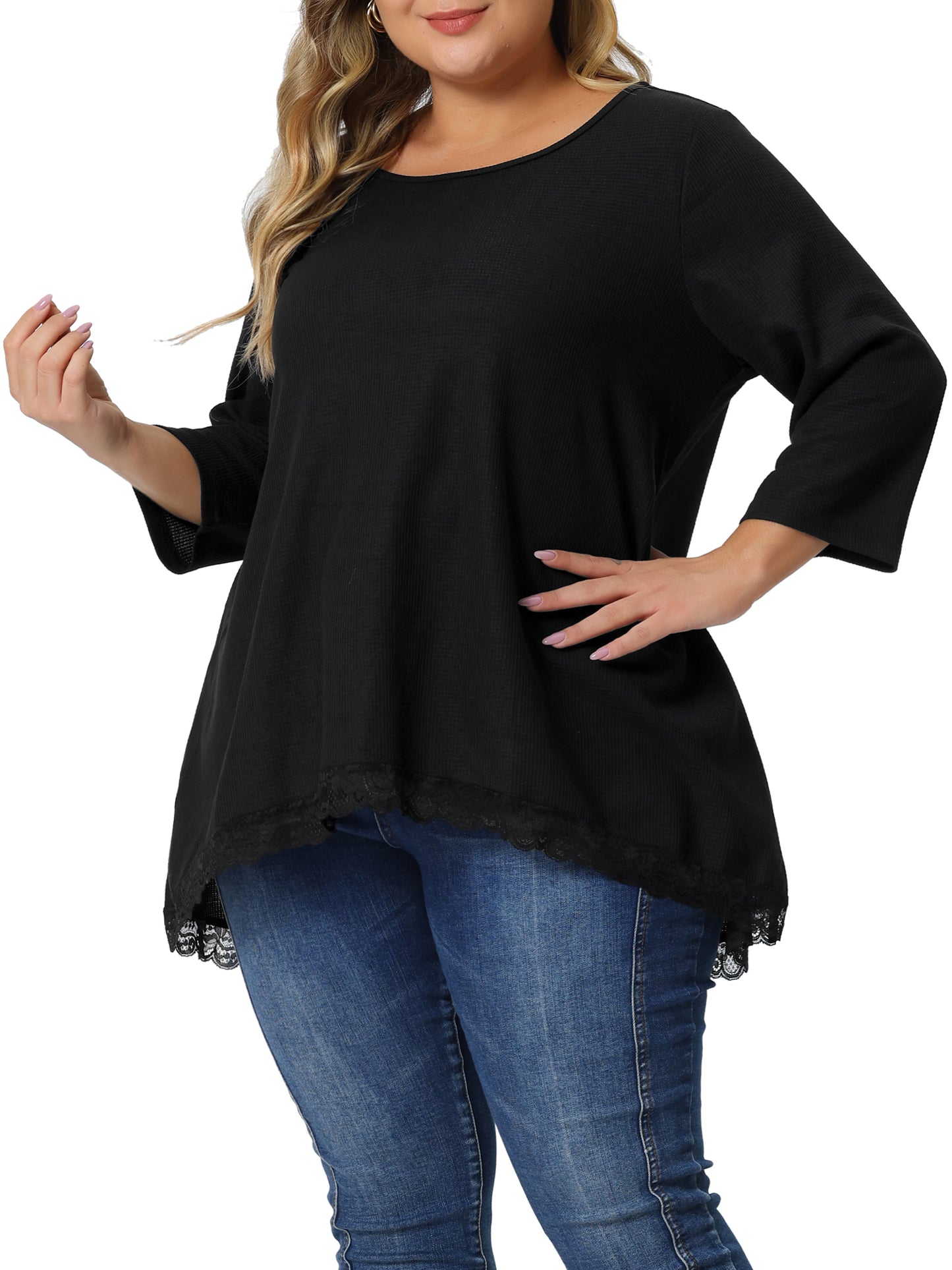Women Plus Size Blouse Waffle 3/4 Sleeve Round Neck Lace Panel Loose High Low Hem Top