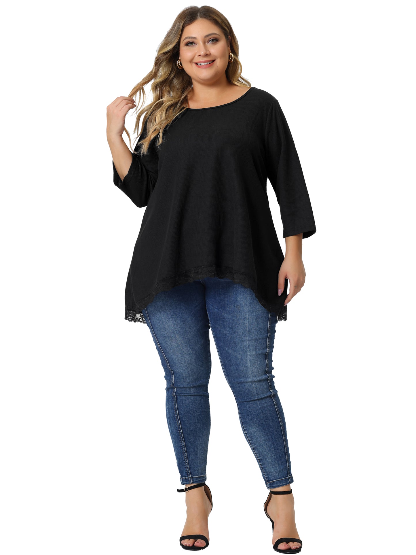 Women Plus Size Blouse Waffle 3/4 Sleeve Round Neck Lace Panel Loose High Low Hem Top