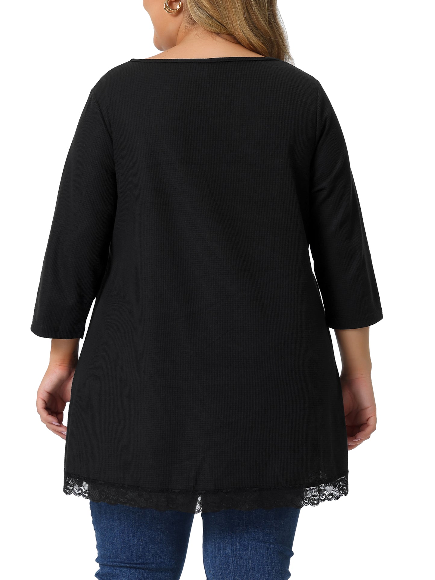 Women Plus Size Blouse Waffle 3/4 Sleeve Round Neck Lace Panel Loose High Low Hem Top