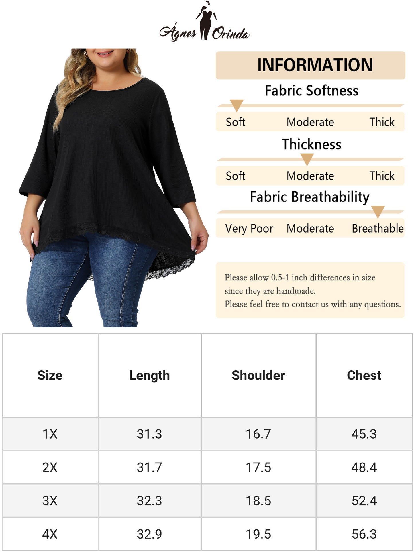 Women Plus Size Blouse Waffle 3/4 Sleeve Round Neck Lace Panel Loose High Low Hem Top
