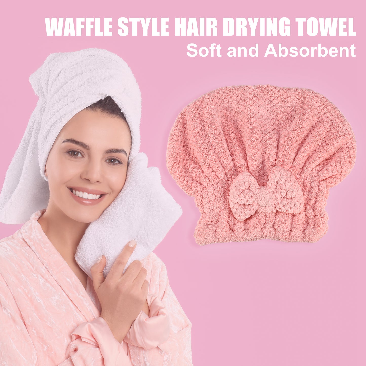 2 Pcs Nylon Coral Fleece Hair Towel Quick Drying Absorbent Dry Cap Beige, Pink