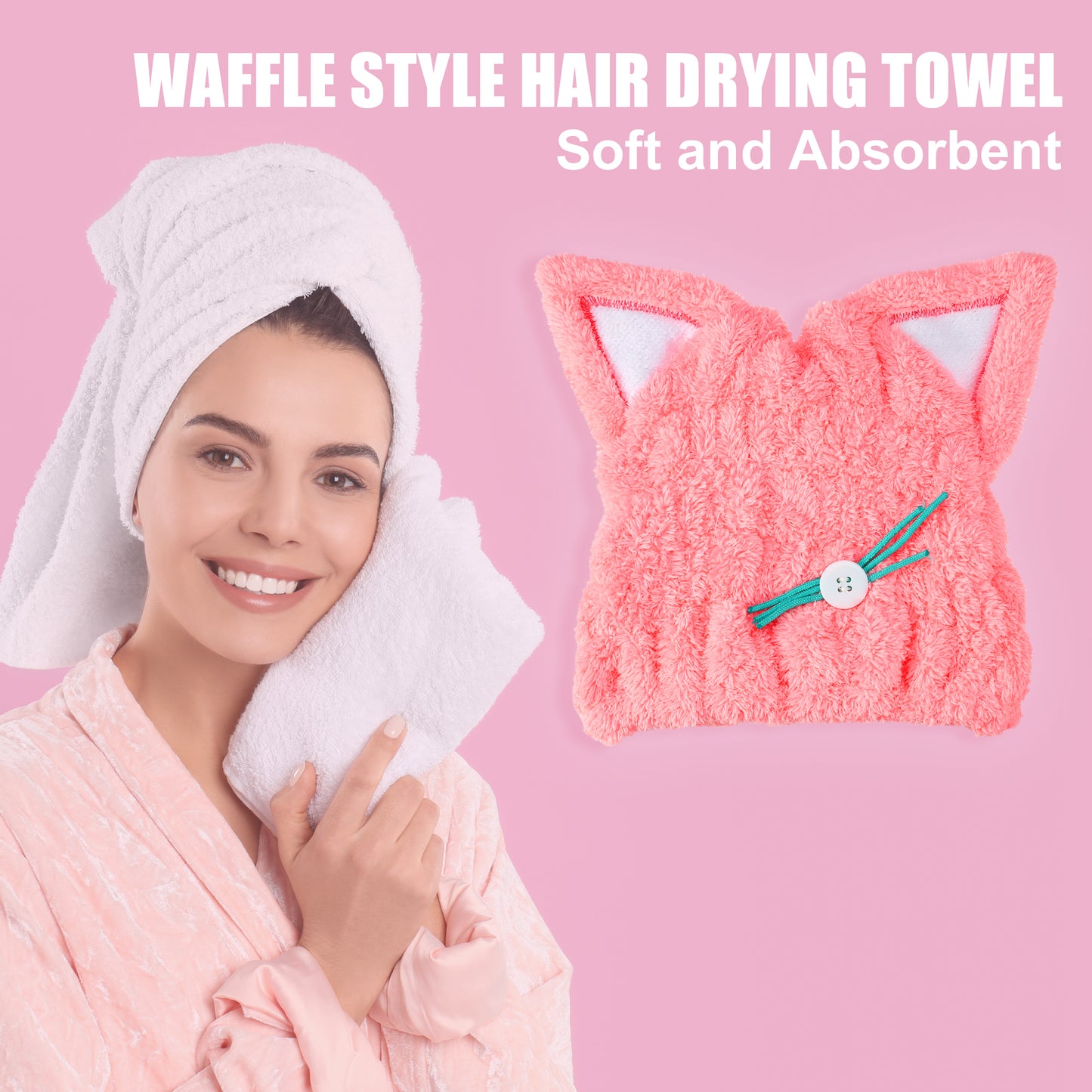 Cat Shape Cute Hair Drying Towel Dry Cap, Lightweight Strong Absorbent, Pink