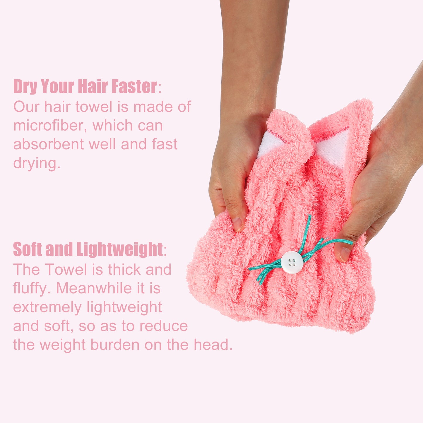 Cat Shape Cute Hair Drying Towel Dry Cap, Lightweight Strong Absorbent, Pink