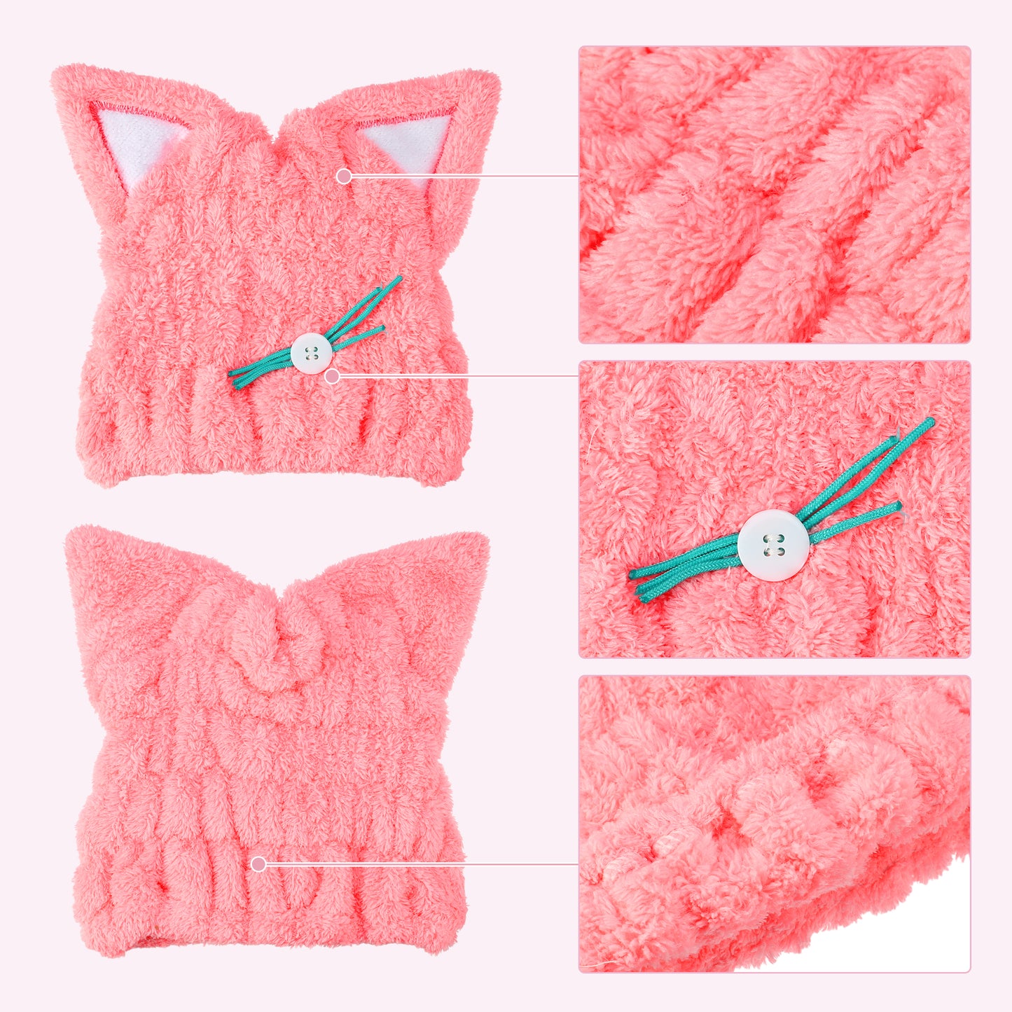 Cat Shape Cute Hair Drying Towel Dry Cap, Lightweight Strong Absorbent, Pink
