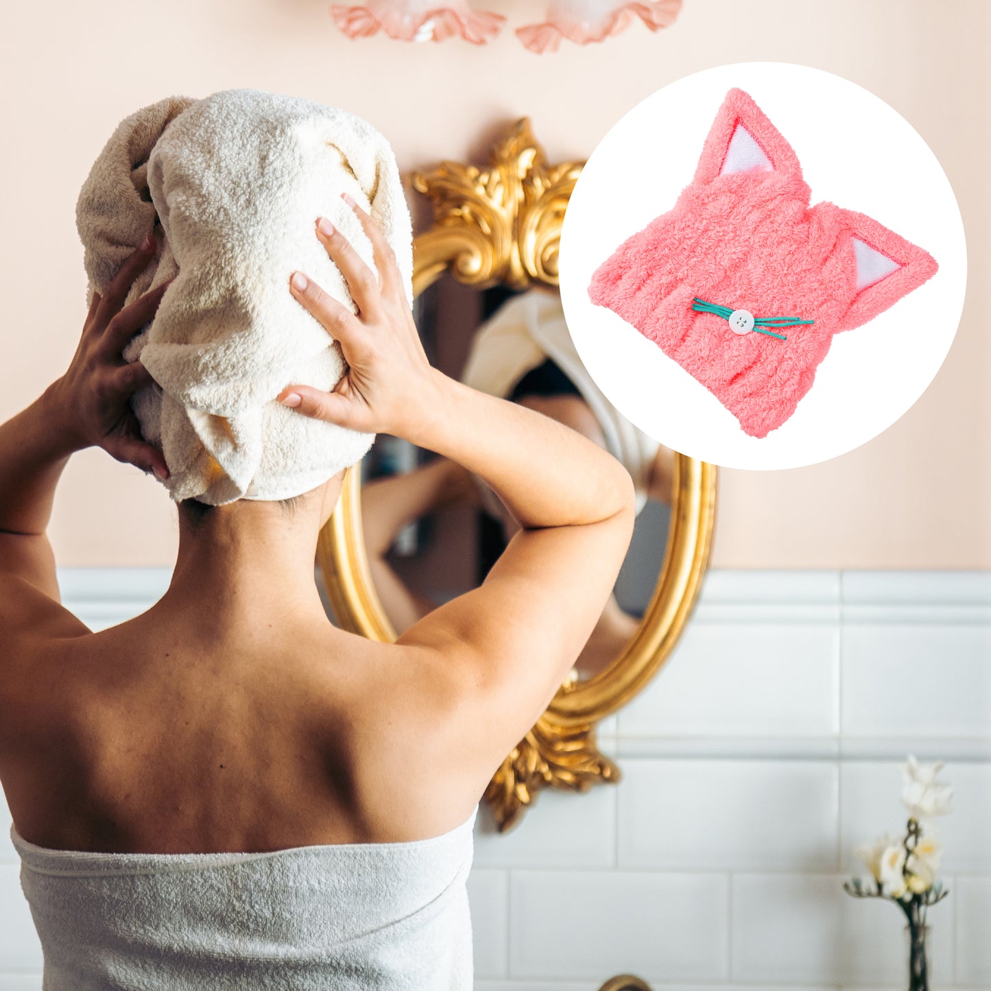 Cat Shape Cute Hair Drying Towel Dry Cap, Lightweight Strong Absorbent, Pink
