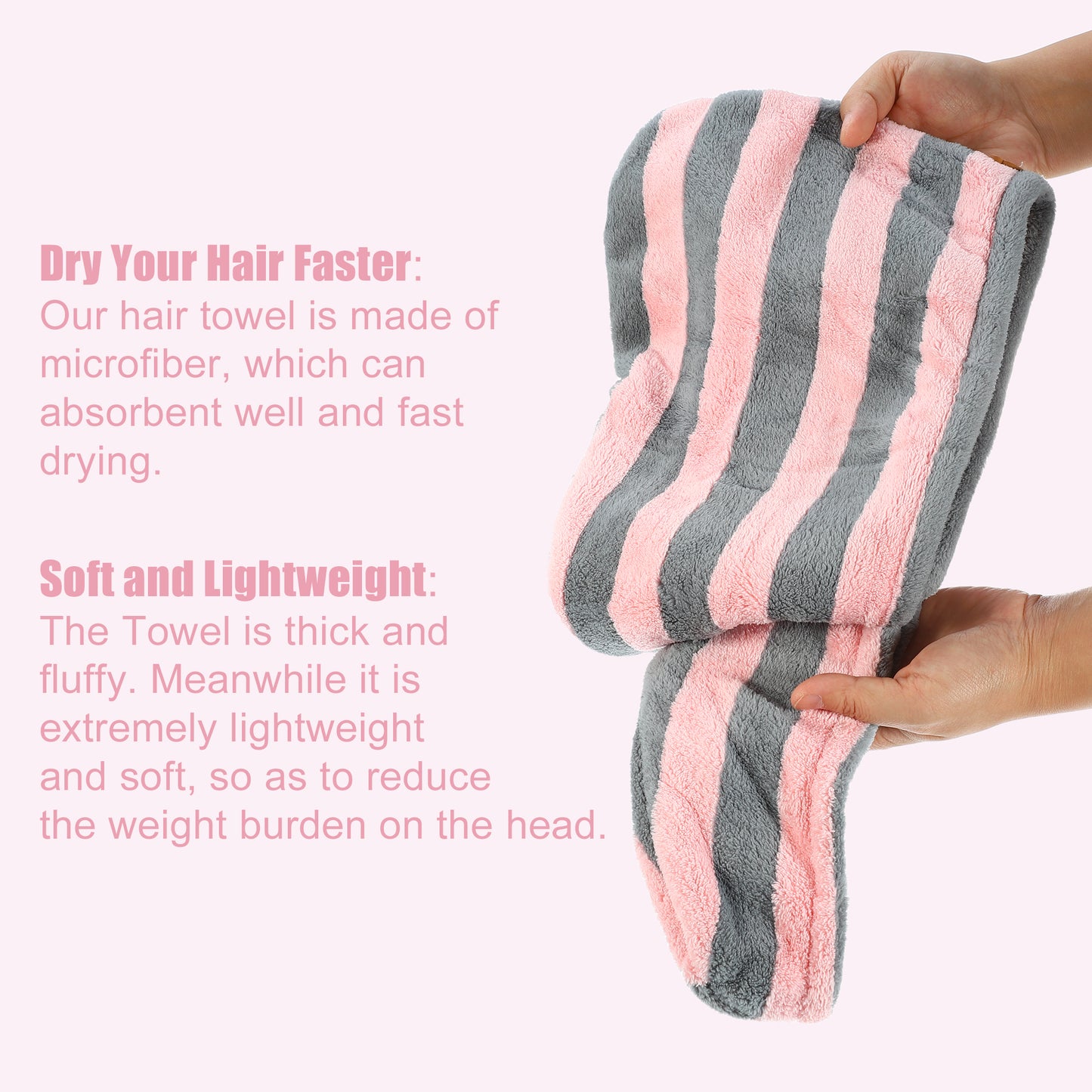 3 Pcs Stripe Hair Drying Towel Lightweight Strong Absorbent Dry Cap Pink White Gray