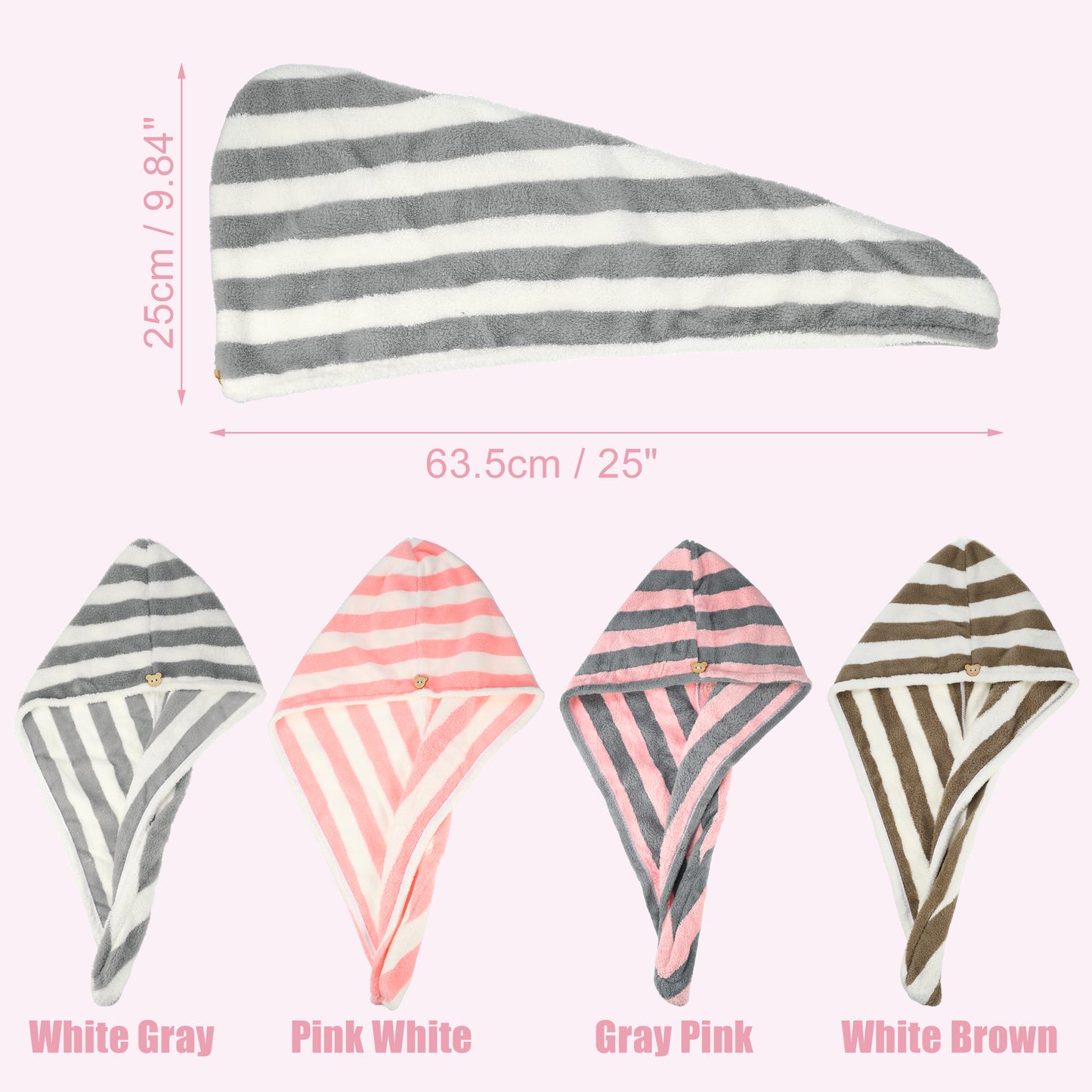 3 Pcs Stripe Hair Drying Towel Lightweight Strong Absorbent Dry Cap Pink White Gray