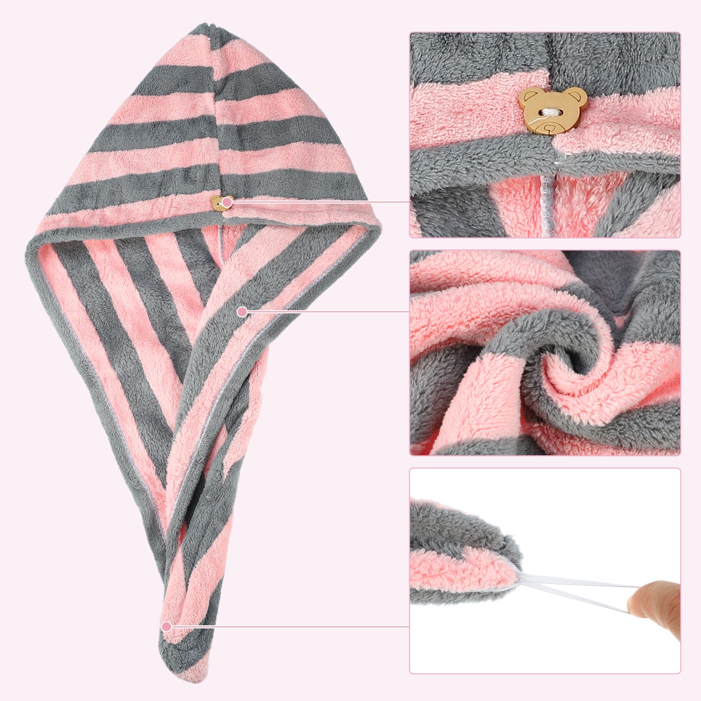 3 Pcs Stripe Hair Drying Towel Lightweight Strong Absorbent Dry Cap Pink White Gray