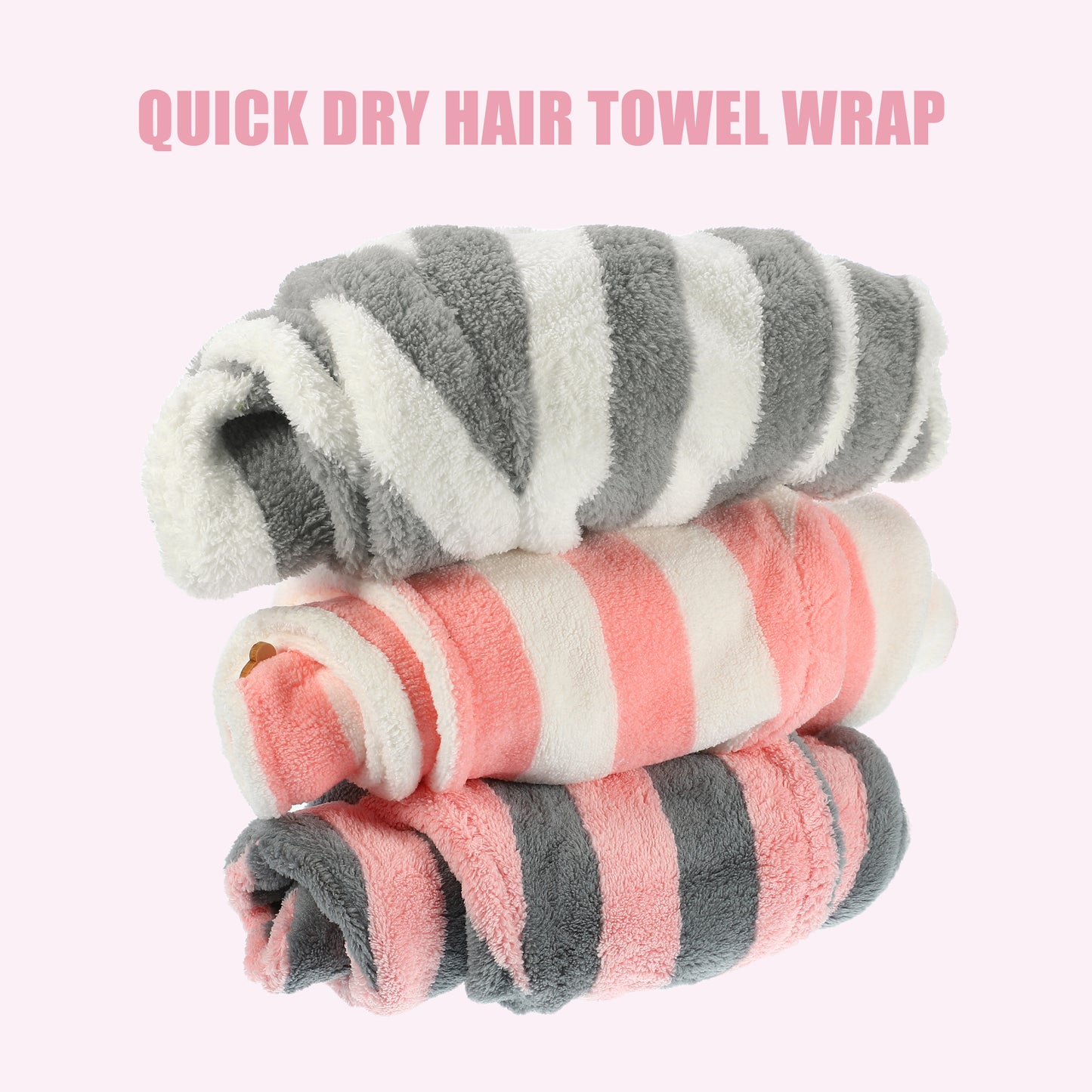 3 Pcs Stripe Hair Drying Towel Lightweight Strong Absorbent Dry Cap Pink White Gray