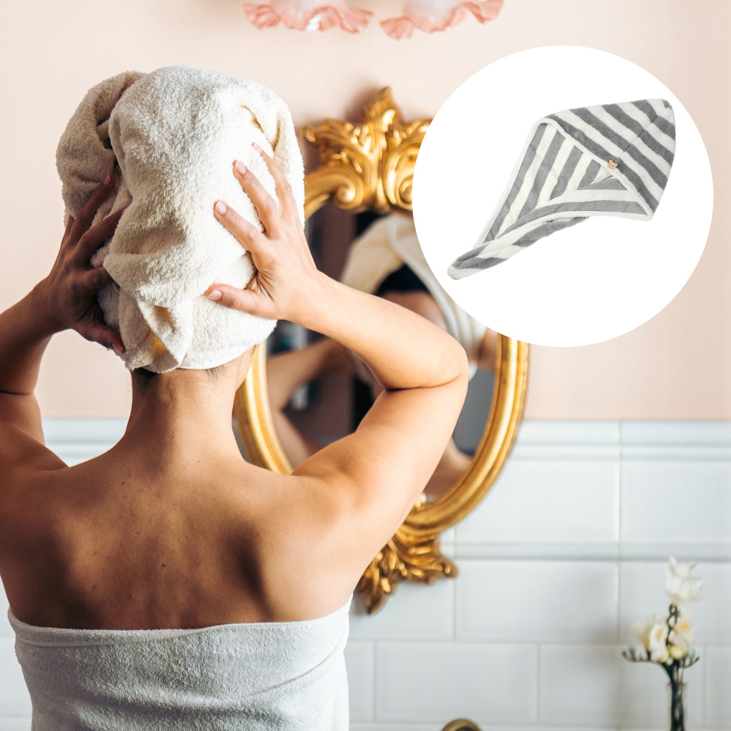 3 Pcs Stripe Hair Drying Towel Lightweight Strong Absorbent Dry Cap Pink White Gray