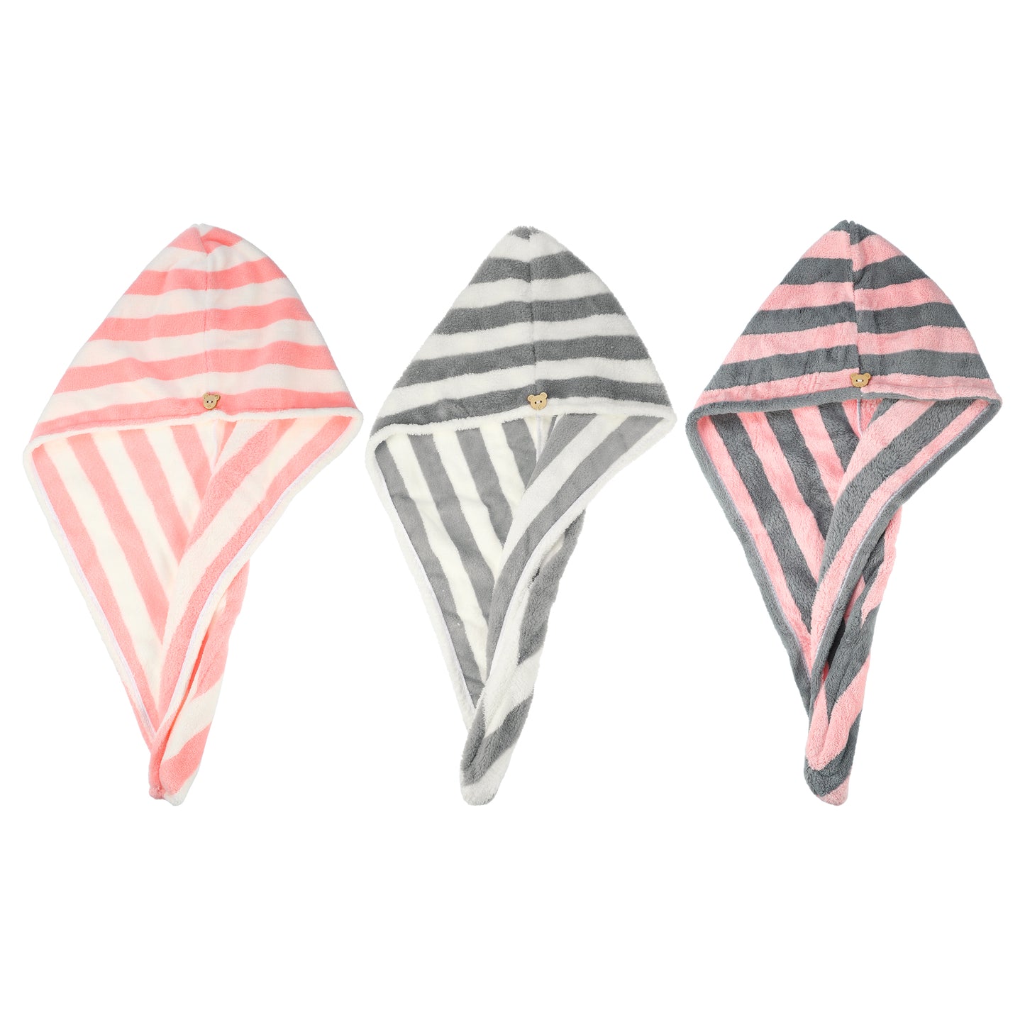 3 Pcs Stripe Hair Drying Towel Lightweight Strong Absorbent Dry Cap Pink White Gray